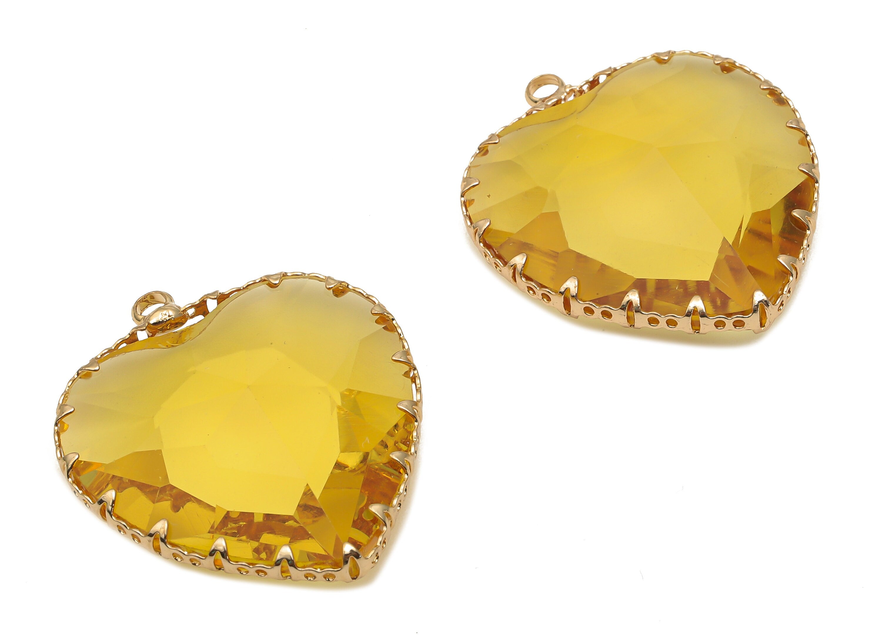 Faceted Glass Heart Charms - Yellow Glass Heart Earring Charm With Loop - Gold Tone Plated - Jewelry Making - 31.04x27.94x9.64mm - GS1149D - DOMEDBAZAAR