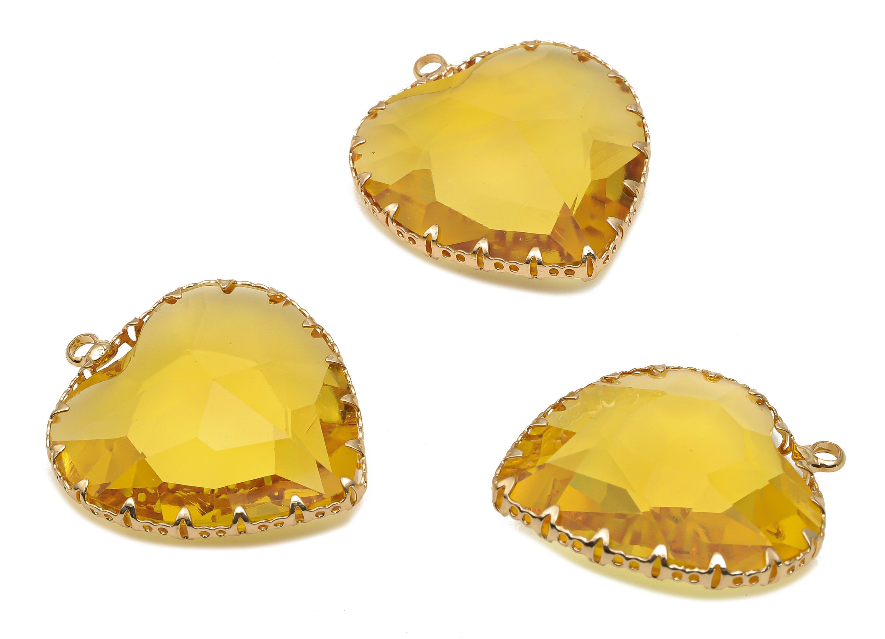 Faceted Glass Heart Charms - Yellow Glass Heart Earring Charm With Loop - Gold Tone Plated - Jewelry Making - 31.04x27.94x9.64mm - GS1149D - DOMEDBAZAAR