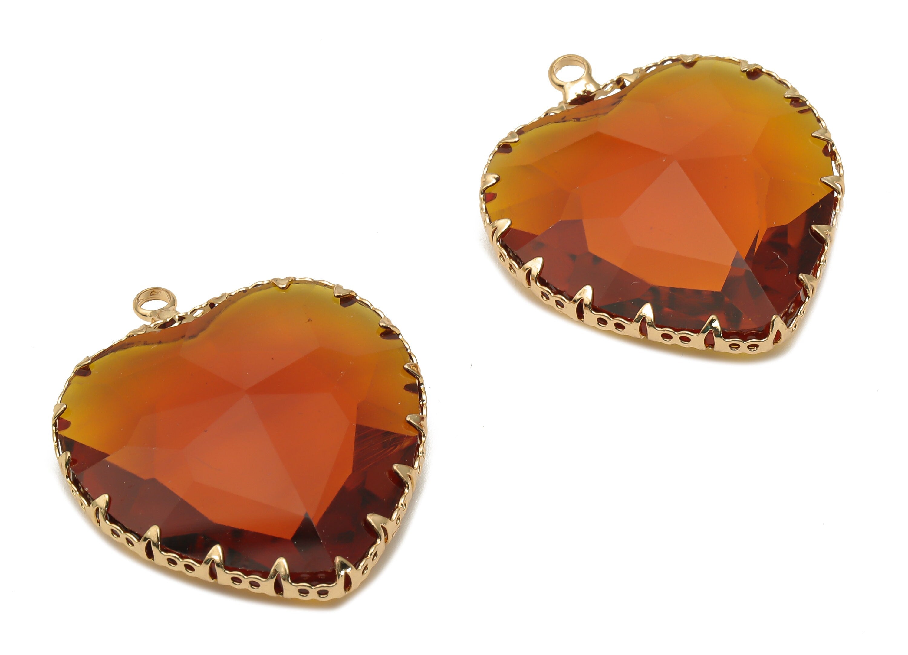 Faceted Glass Heart Charms - Brown Glass Heart Charm With Loop - Gold Tone Plated Brass Pendant - Modern Jewelry -31.04x27.94x9.64mm-GS1149E - DOMEDBAZAAR