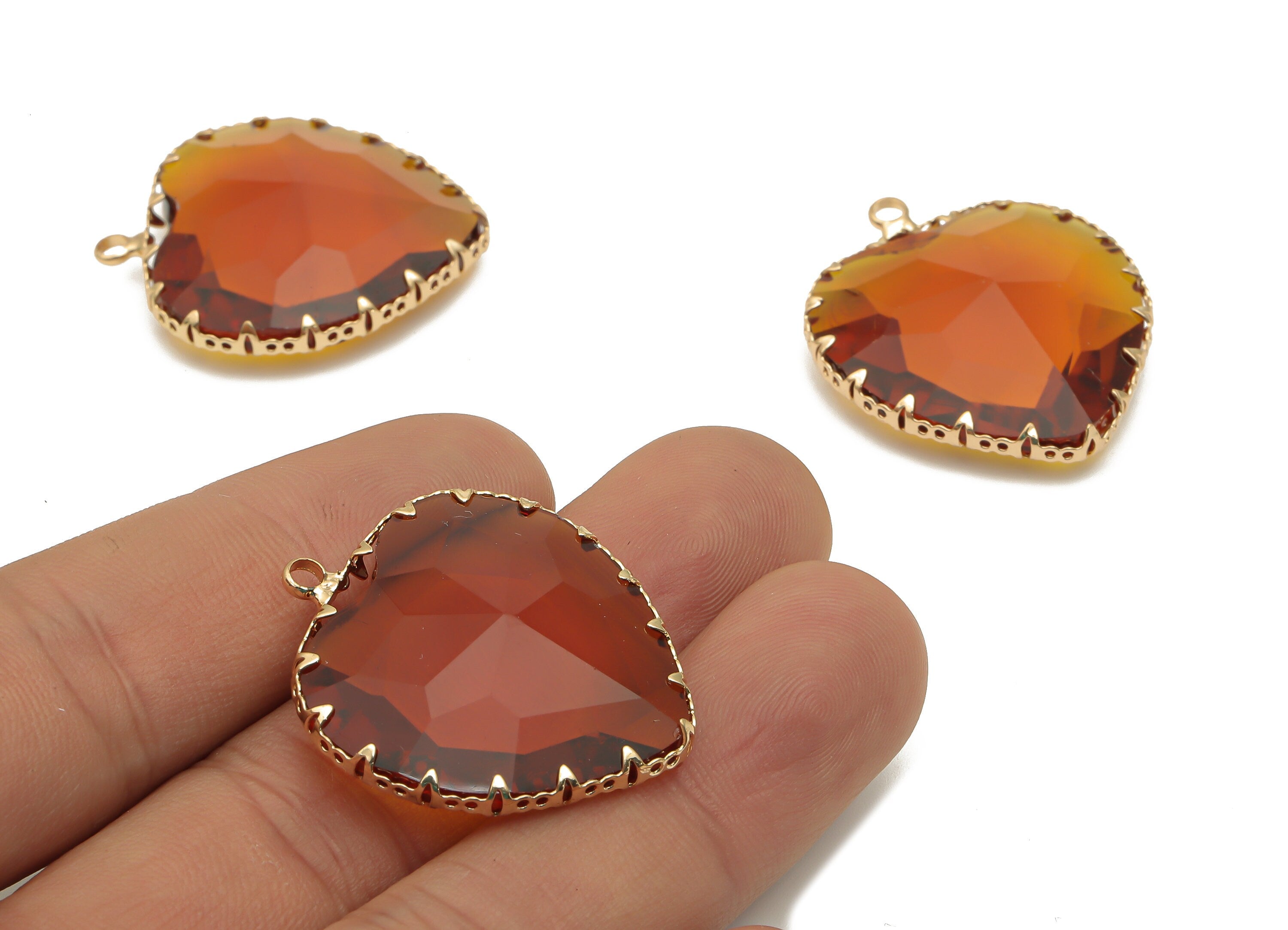 Faceted Glass Heart Charms - Brown Glass Heart Charm With Loop - Gold Tone Plated Brass Pendant - Modern Jewelry -31.04x27.94x9.64mm-GS1149E - DOMEDBAZAAR