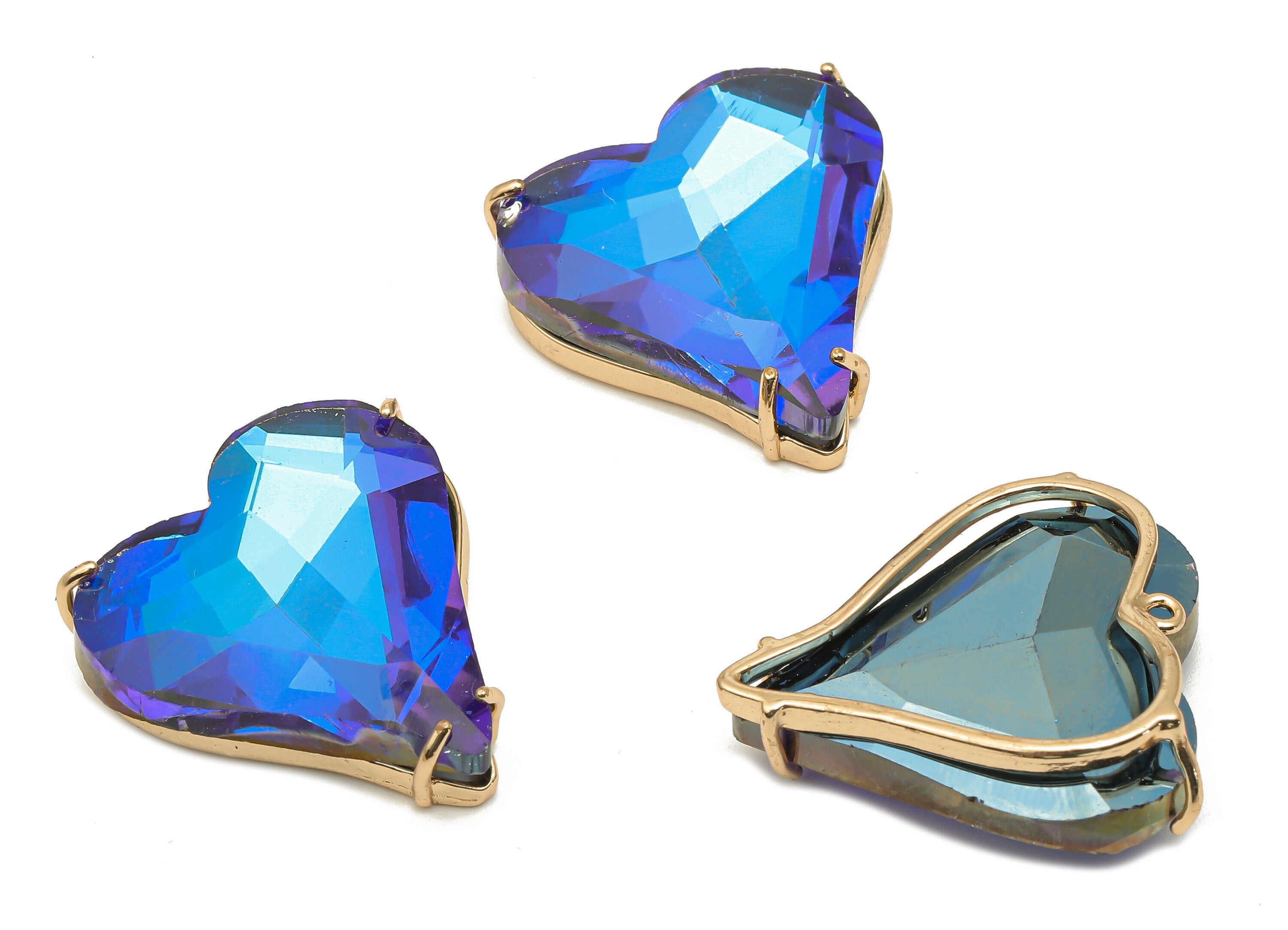 Faceted Glass Heart Earring Charm - Blue Glass Heart Pendant Charm - Gold Tone Plated Brass Framed - Modern Jewelry-26.15x25.8x7.1mm-GS1150A - DOMEDBAZAAR