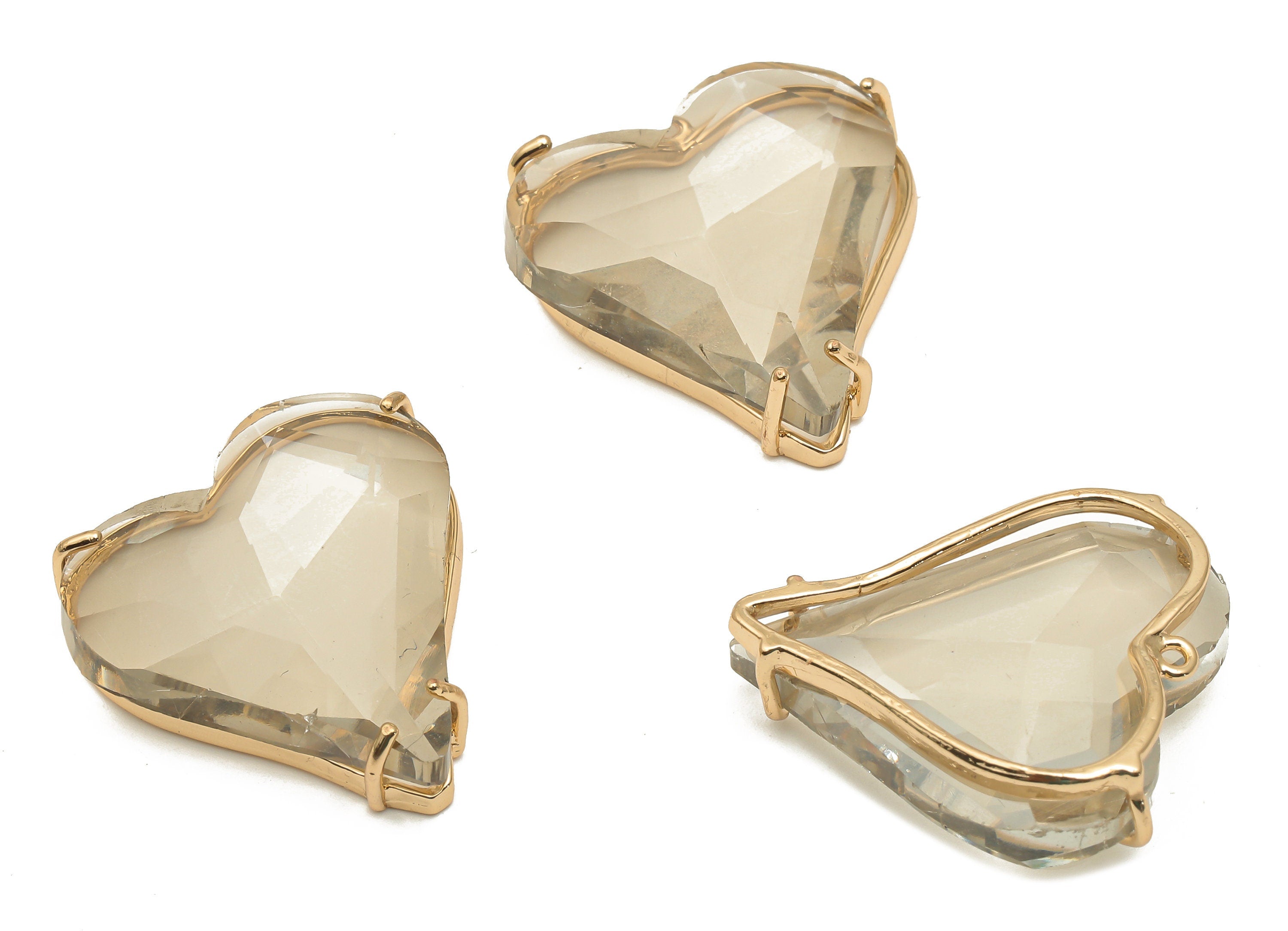 Faceted Glass Heart Earring Charm - Brass Glass Heart Pendant Charm - Gold Tone Plated Brass Framed- Modern Jewelry-26.15x25.8x7.1mm-GS1150B - DOMEDBAZAAR