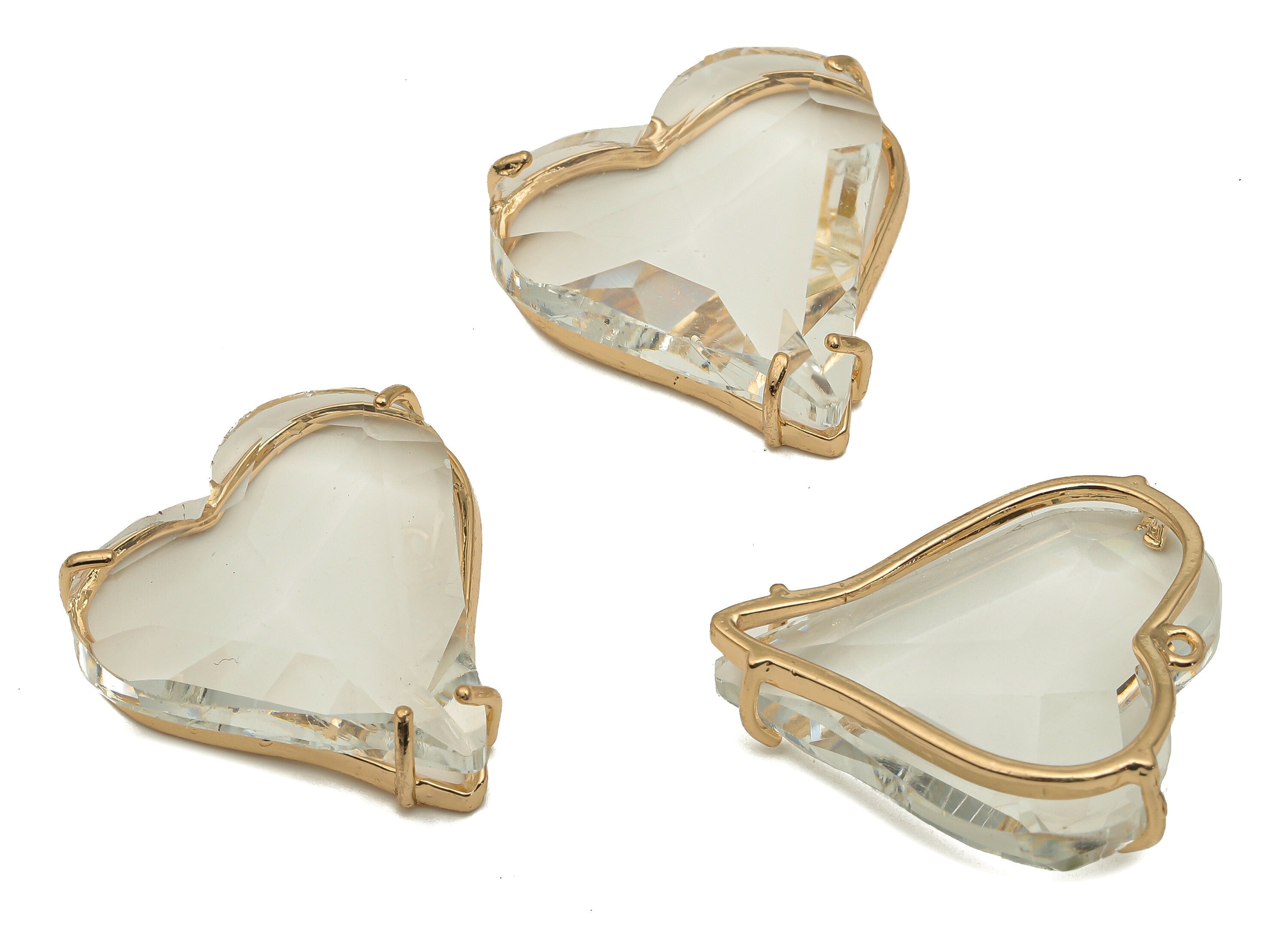 Faceted Glass Heart Earring Charm - Clear Glass Heart Pendant Charm - Gold Tone Plated Brass Framed -Modern Jewelry-26.15x25.8x7.1mm-GS1150D - DOMEDBAZAAR