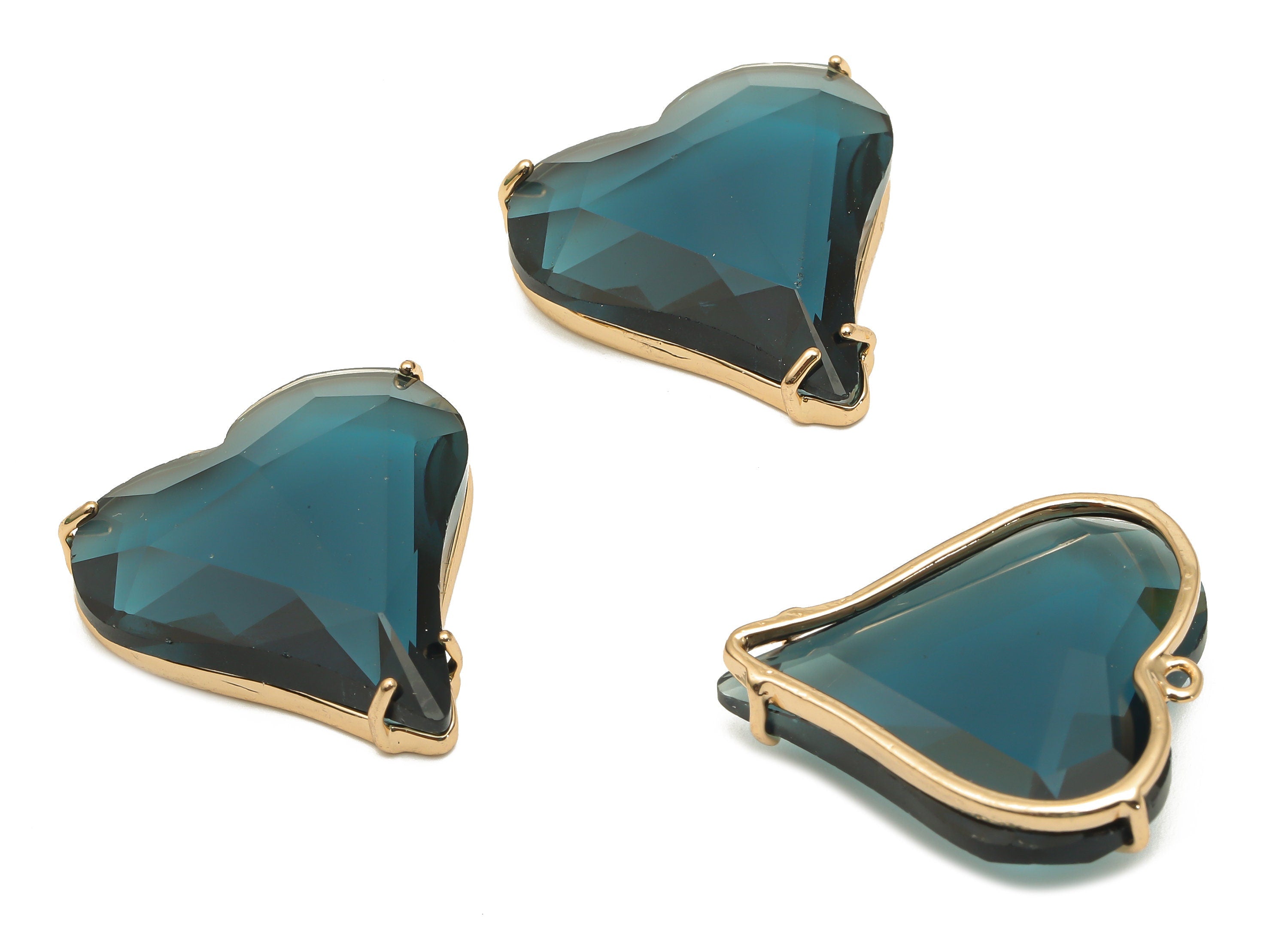 Faceted Glass Heart Earring Charm - Blue Glass Heart Pendant Charm - Gold Tone Plated Brass Framed- Modern Jewelry-26.15x25.8x7.1mm- GS1150E - DOMEDBAZAAR