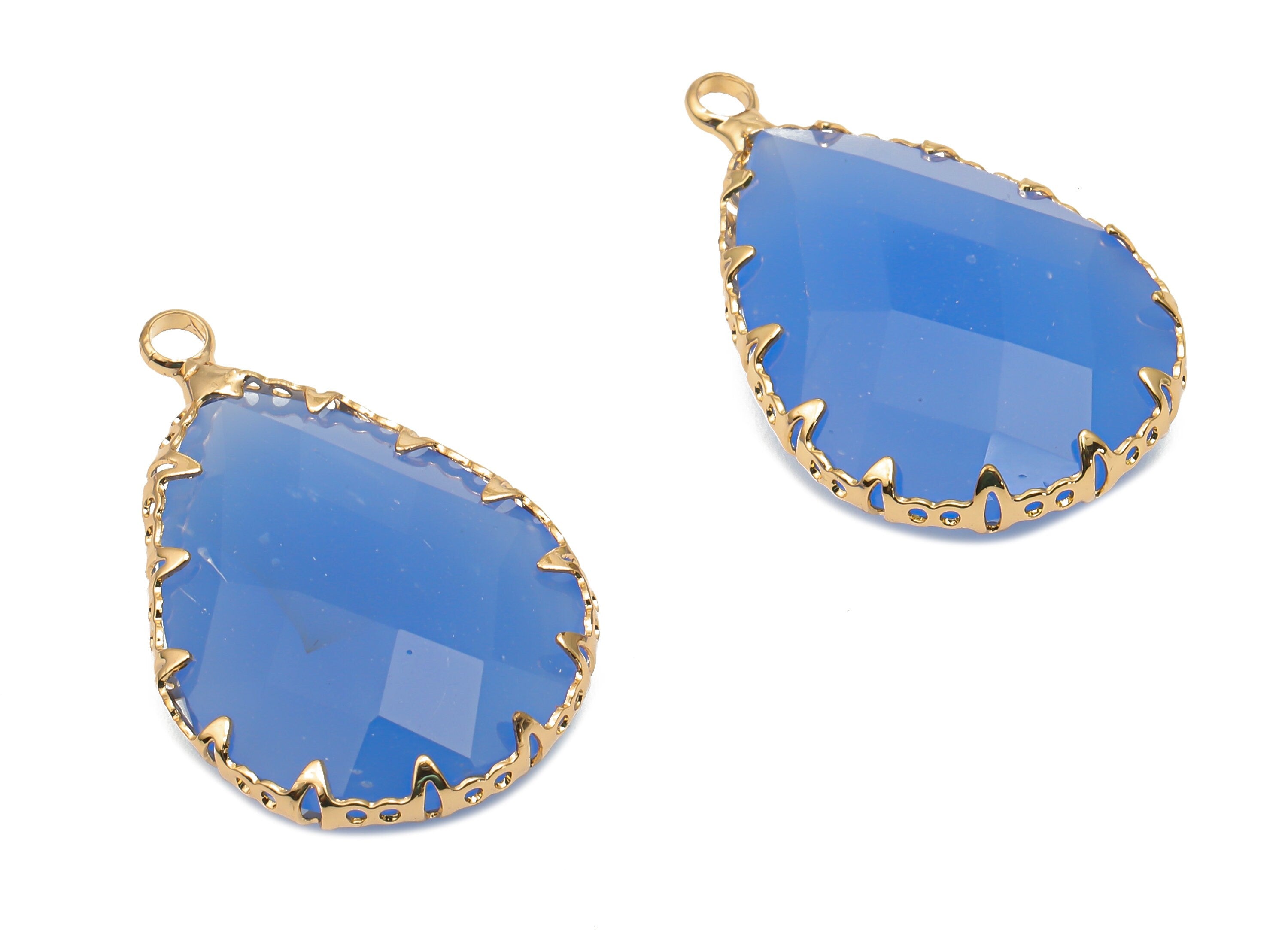 Blue Faceted Glass Teardrop Earring Charms - Blue Diamond Cut Pendant - Gold Plated Filigree Frame -30.6x18.8x9.32mm - GS1151D - DOMEDBAZAAR