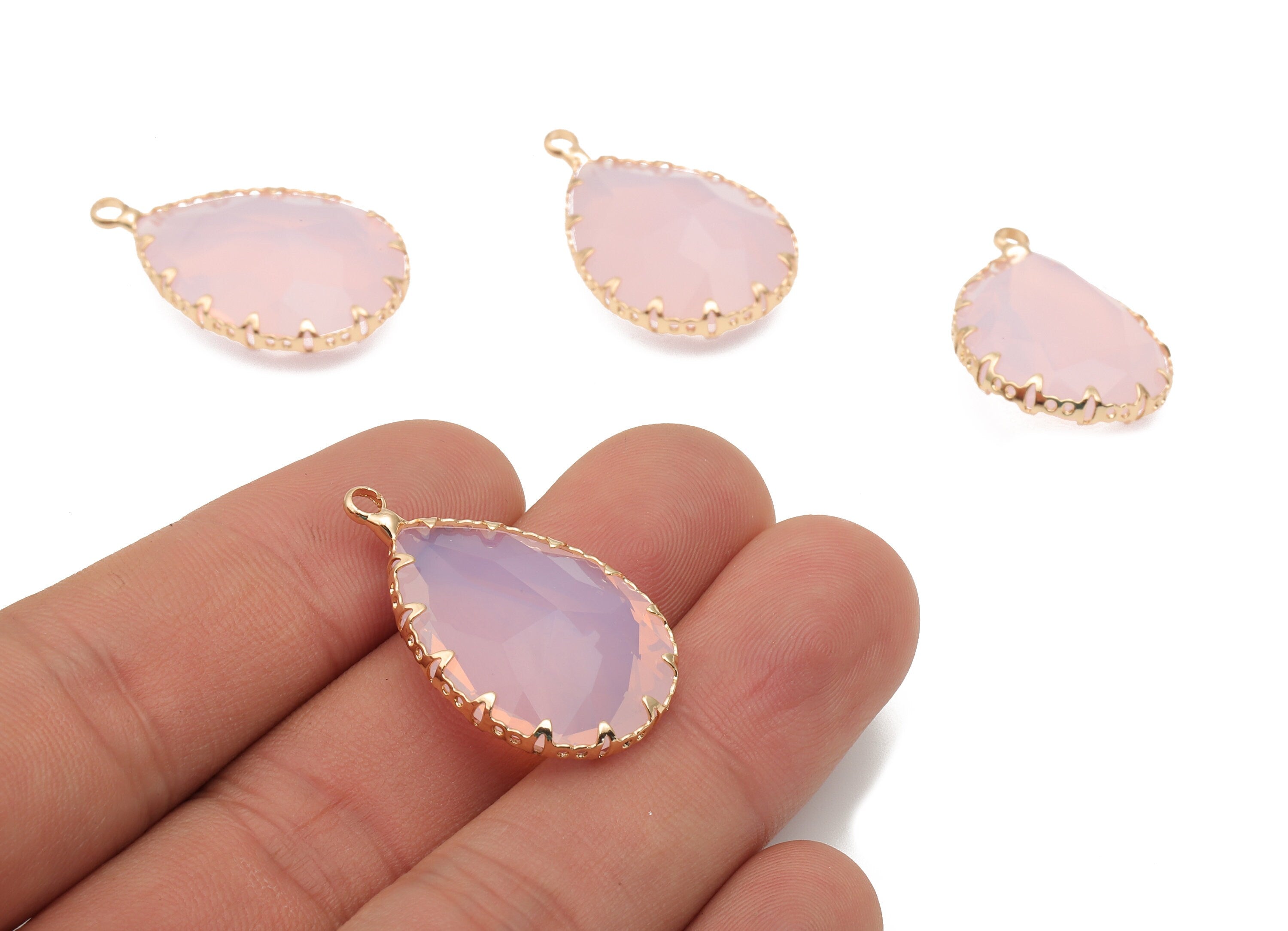 Pink Water Drop Glass Earring Charms - Peach Pink Teardrop Pendant - Gold Tone Plated Brass Filigree Frame -30.6x18.8x9.32mm- GS1151E - DOMEDBAZAAR