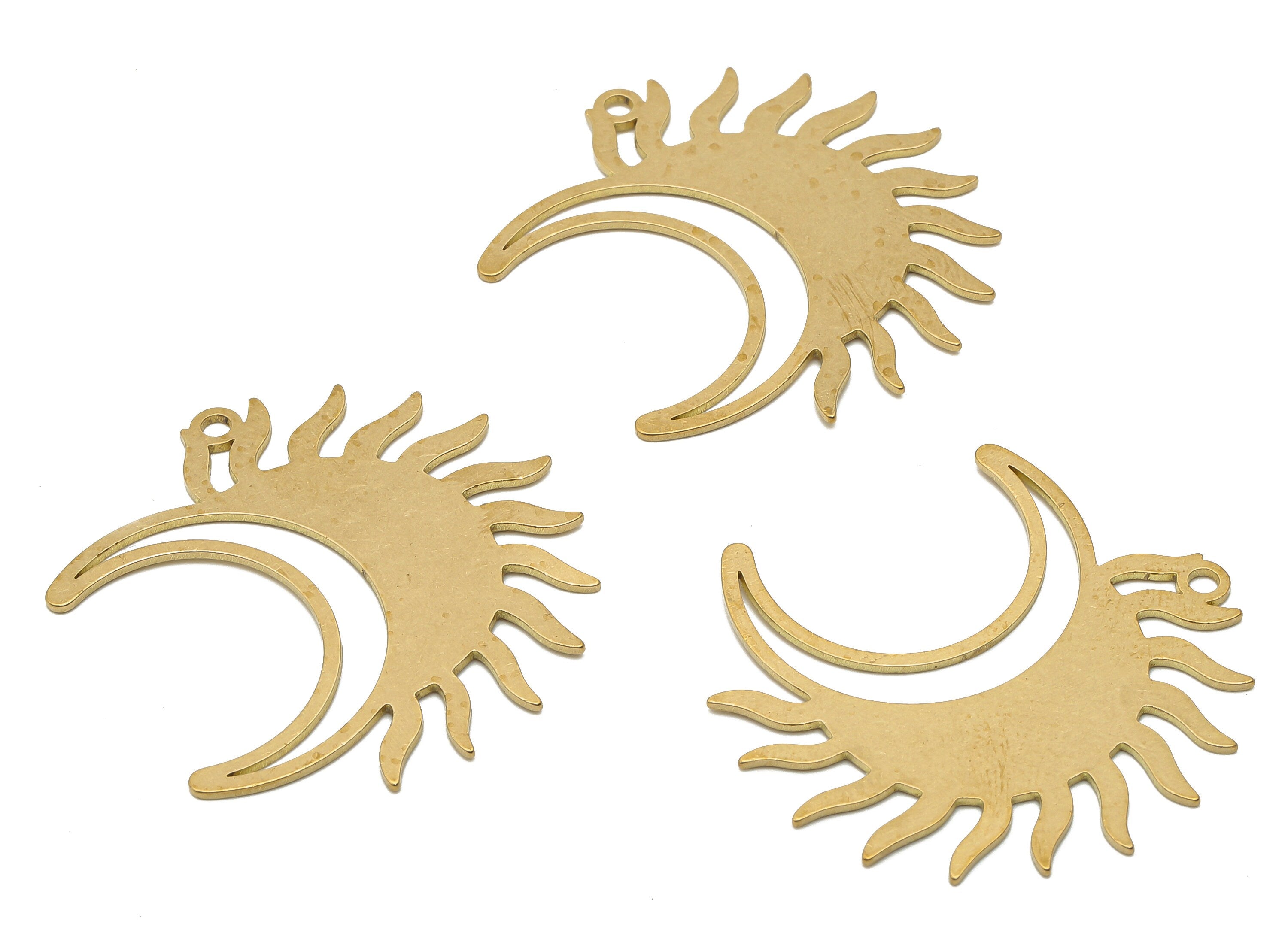 Raw Brass Sun Crescent Moon Earring Charms - Brass Sun and Moon Cutout Charms - Laser Cut Celestial Pendant -38.03x35.96x0.7mm - PPA4012 - DOMEDBAZAAR
