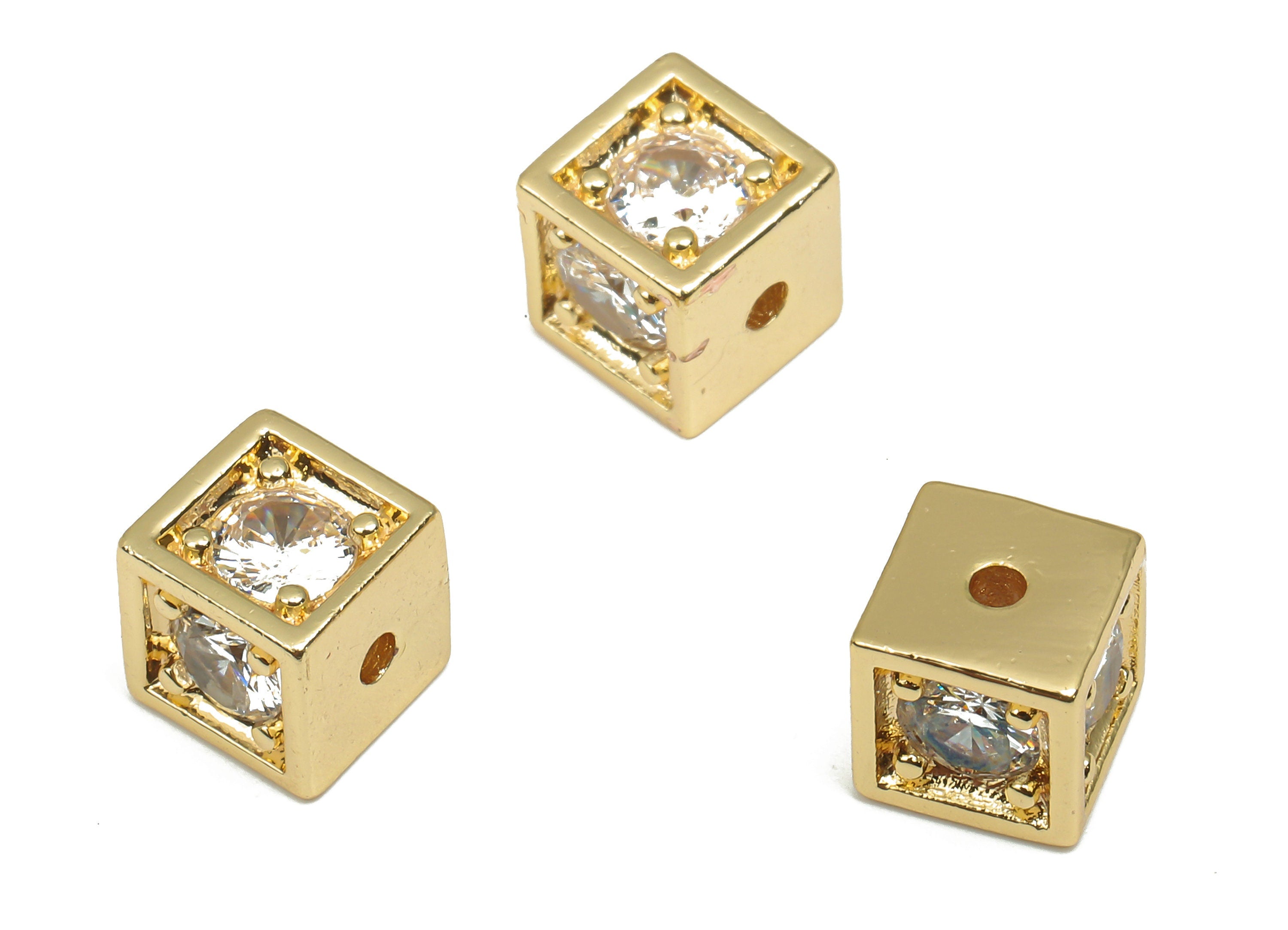 Brass Square Charm - CZ Paved Spacer Beads with Zircon - 18K Real Gold Plated Brass - For Bracelet - Cube Beads - 6.35x6.35x6.35mm - RGP4658 - DOMEDBAZAAR