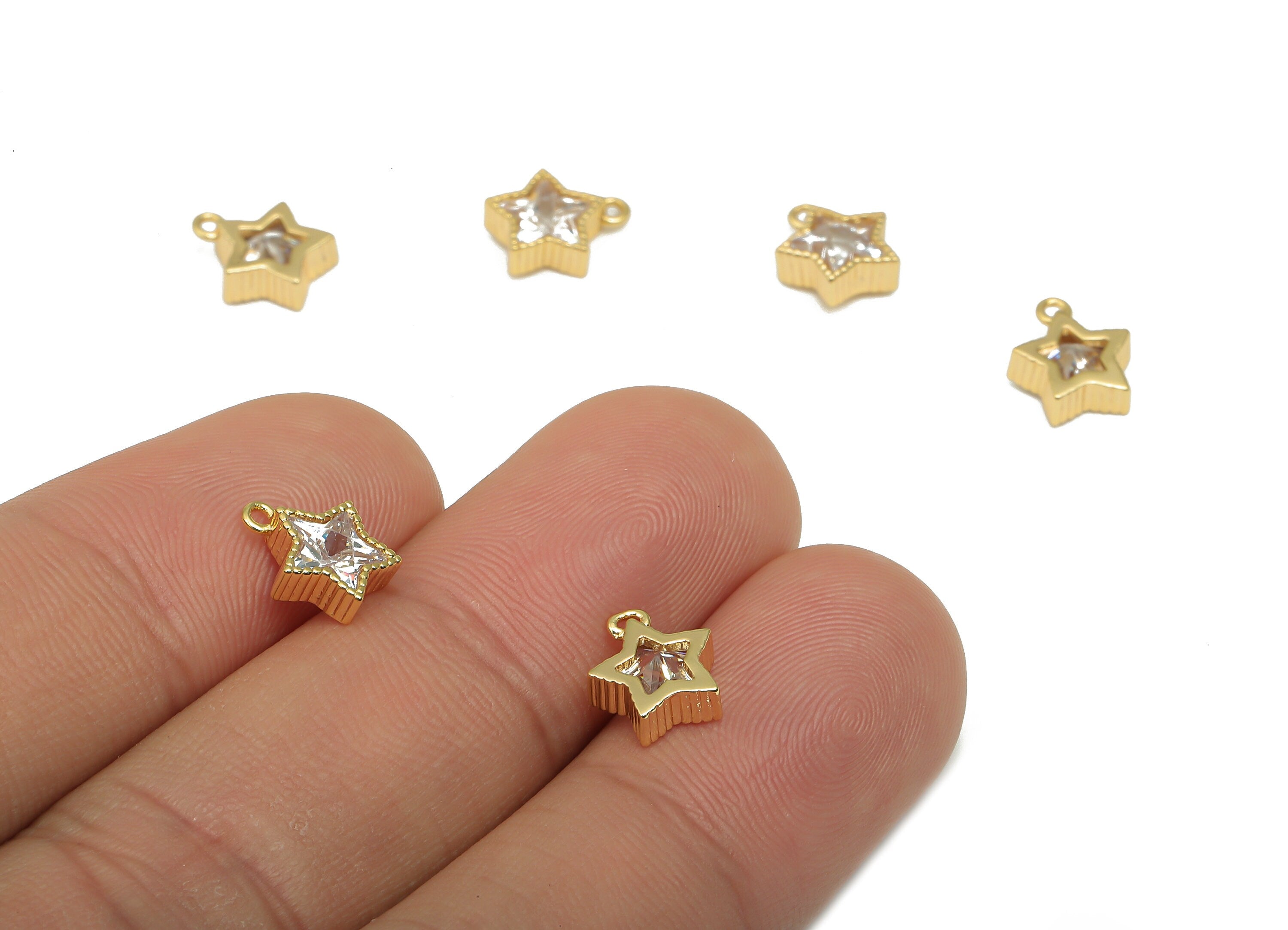 Brass Star Charm - Gold Star Pendant with Zircon - 18K Real Gold Plated Brass Earring - For Necklace - 9.5x8.05x3.4mm - RGP4660 - DOMEDBAZAAR