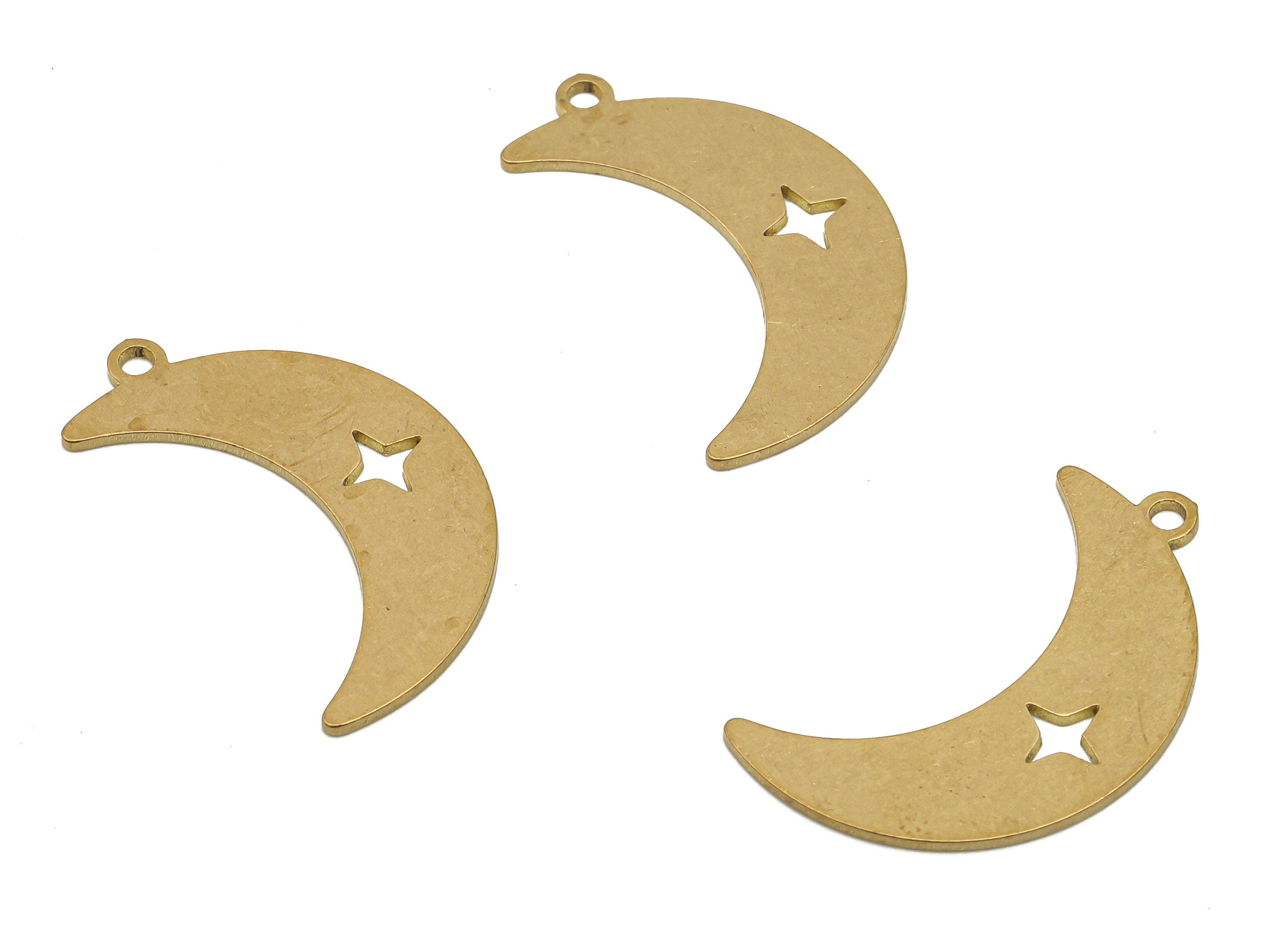 Raw Brass Crescent Earring Charm - Brass Moon Star Cutout Pendant Charm - Laser Cut Charms - Jewelry Making - 24.9x14.66x0.64mm - PPA4039 - DOMEDBAZAAR