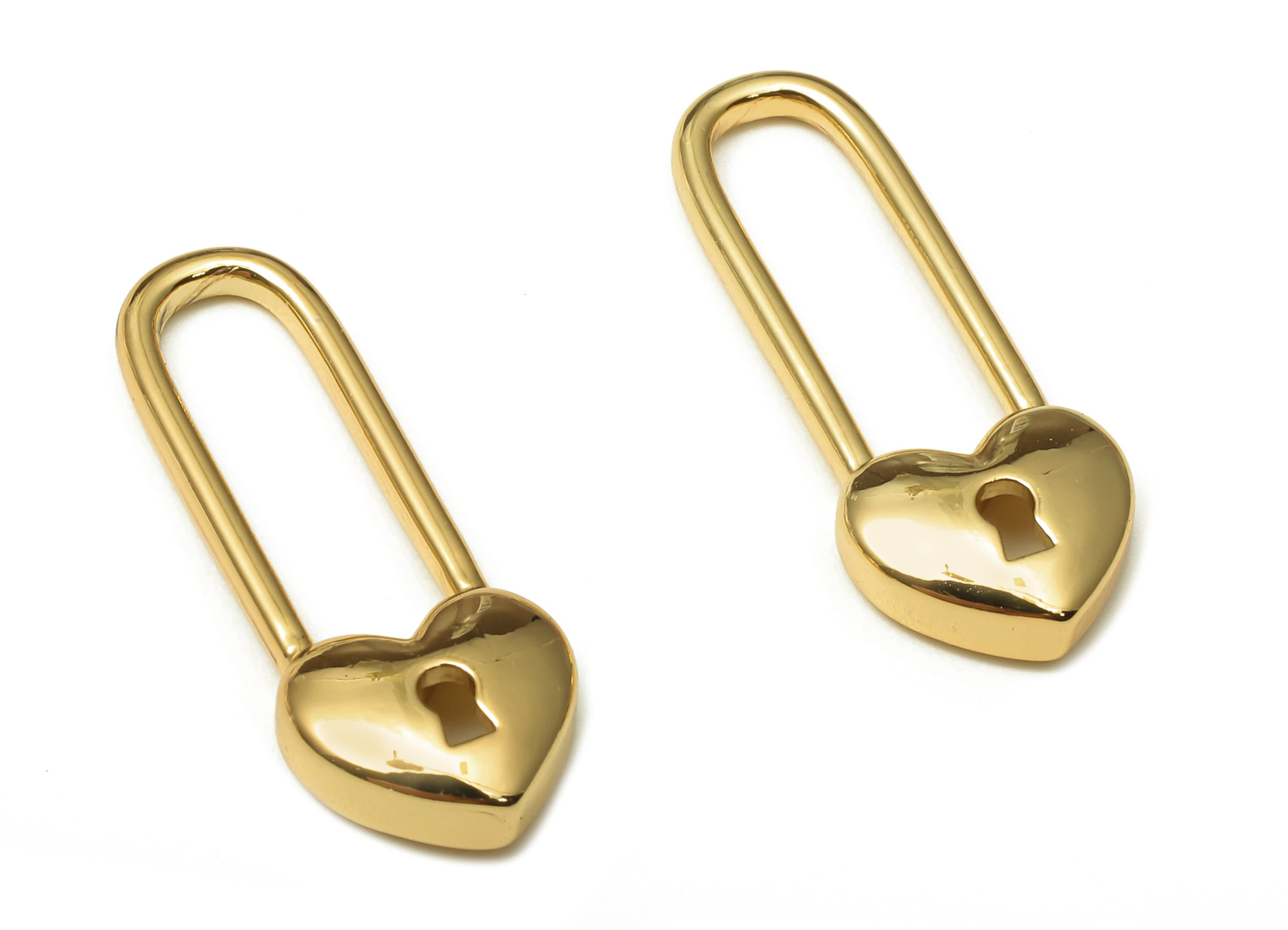 Brass Heart Padlock Earring Charm - Long Heart Lock Earring - Dainty locket Dangle Charm - 18K Real Gold Plating - 23.36x9.2x1.5mm - RGP5199 - DOMEDBAZAAR