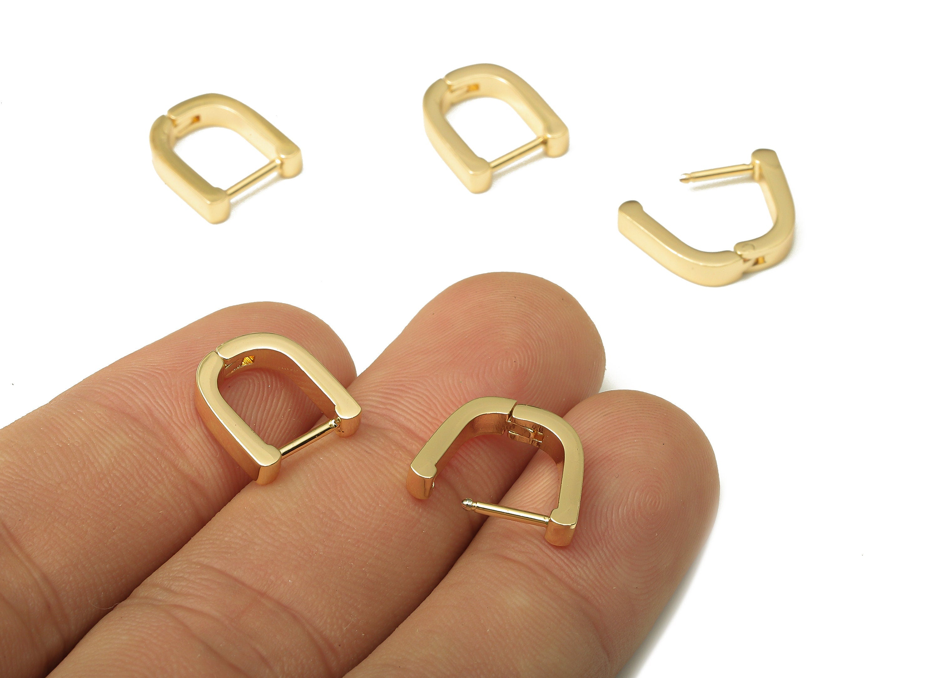 Brass Huggie Horsehoe Earrings Clasp - Chunky Rectangle U Hoop - Minimalist Earring - 18K Real Gold Plating - 12.67x10.48x1.73mm - RGP5201 - DOMEDBAZAAR