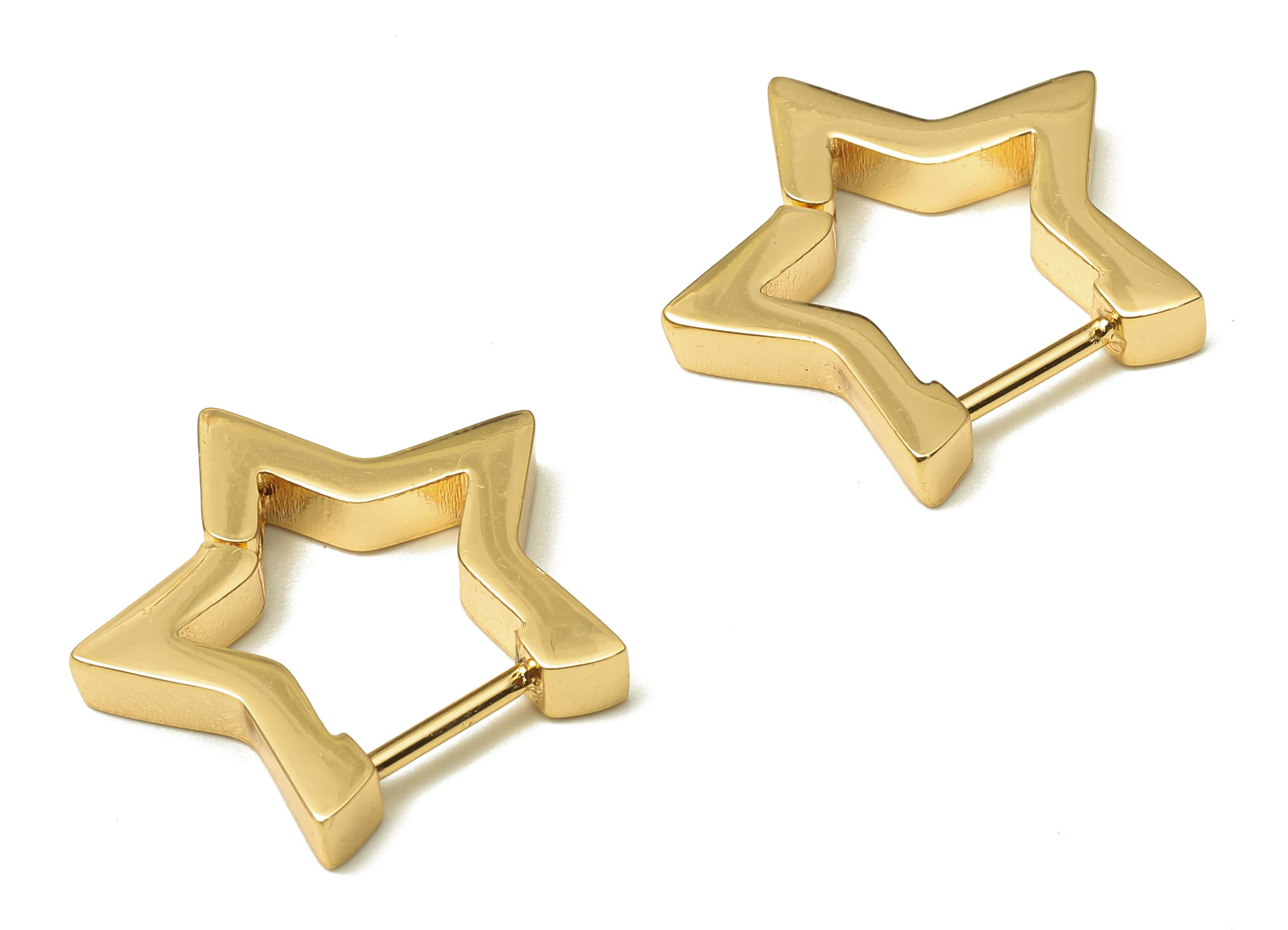 Brass Huggie Hoop Earrings - Chunky Gold Star Earring Clasp - Minimalist Earring - 18K Real Gold Plating - 19.04x17.64x2.92mm - RGP5203 - DOMEDBAZAAR