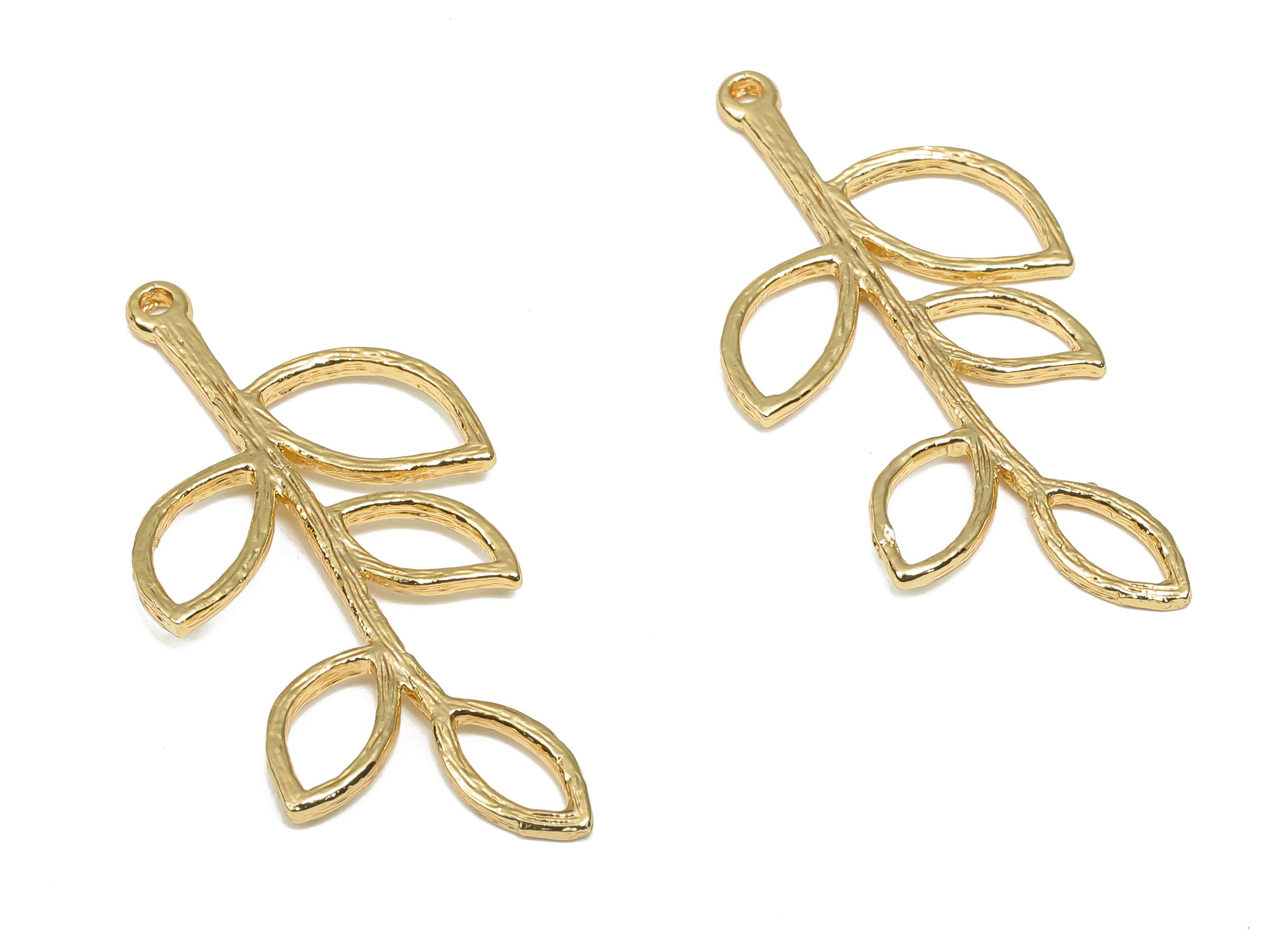 Brass Branch Earring Charm - Brass Leaf Pendant - 18K Real Gold Plated Brass - For Necklace - 35.86x17.43x1.17mm - RGP4670 - DOMEDBAZAAR