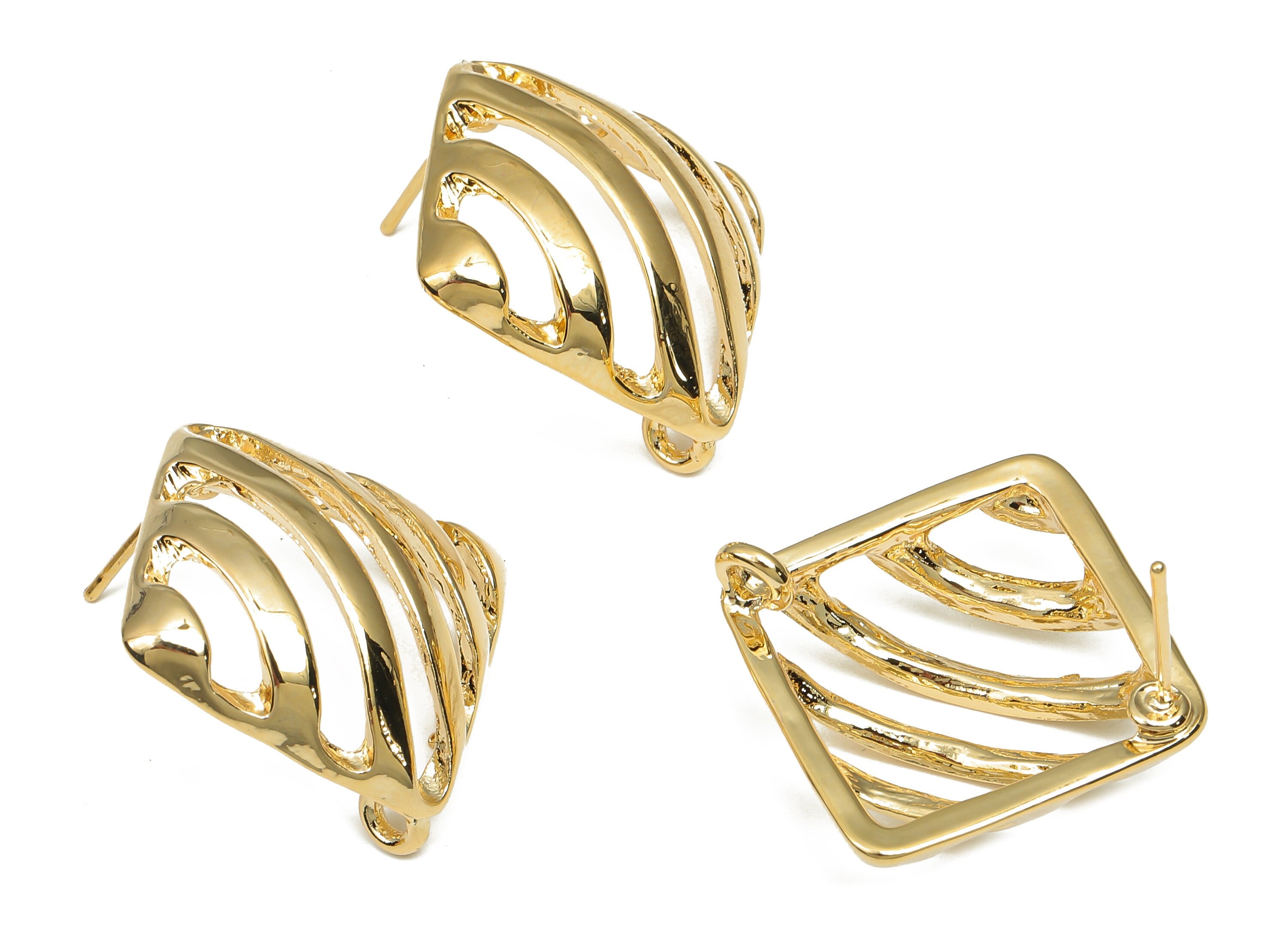 Brass Rhombus Stud Earring - Brass Square Stripe Earring Post With Loop - 18K Real Gold Plating - Earring Finding - 25.6x25.6x2.9mm -RGP4671 - DOMEDBAZAAR