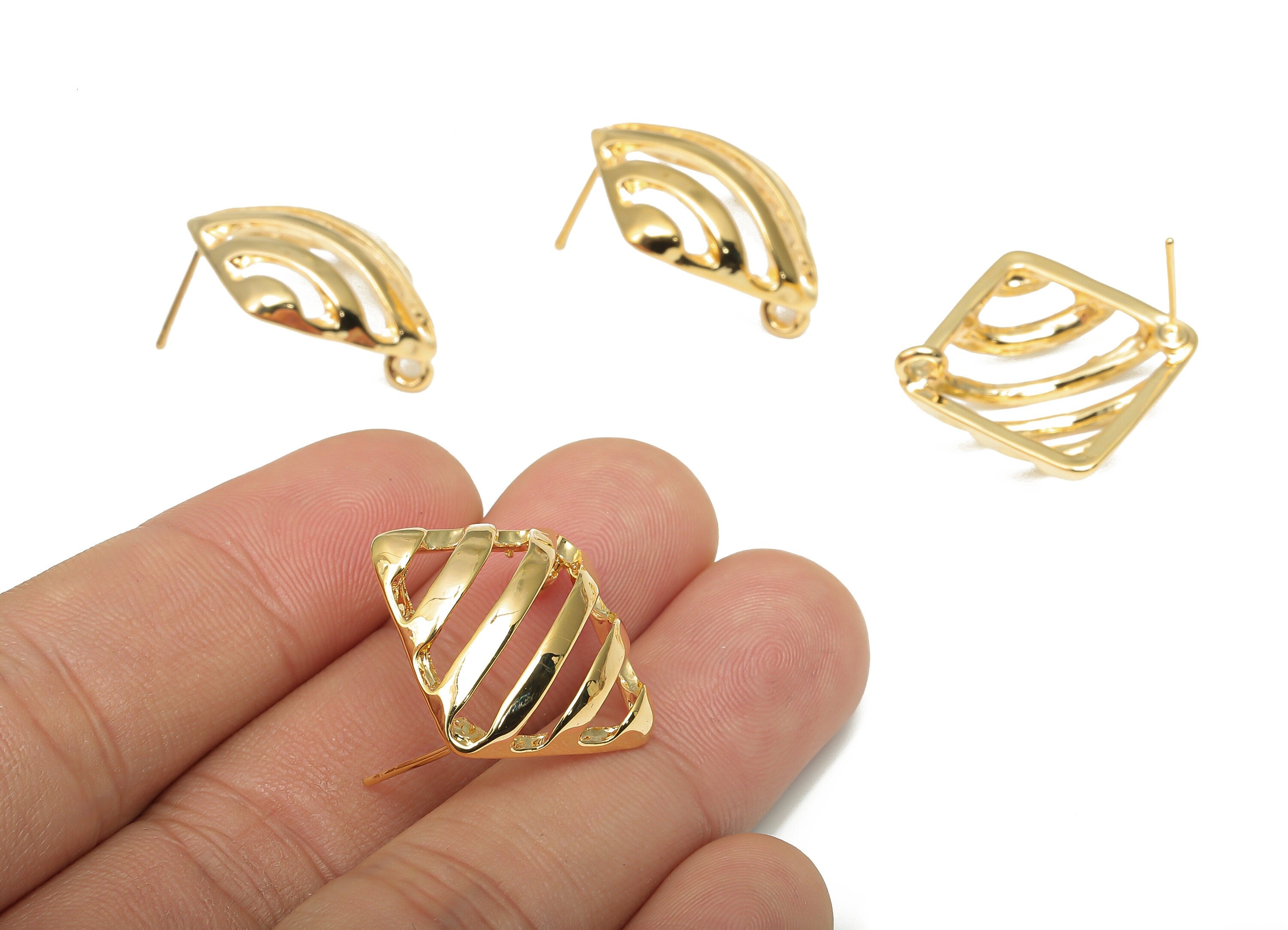 Brass Rhombus Stud Earring - Brass Square Stripe Earring Post With Loop - 18K Real Gold Plating - Earring Finding - 25.6x25.6x2.9mm -RGP4671 - DOMEDBAZAAR