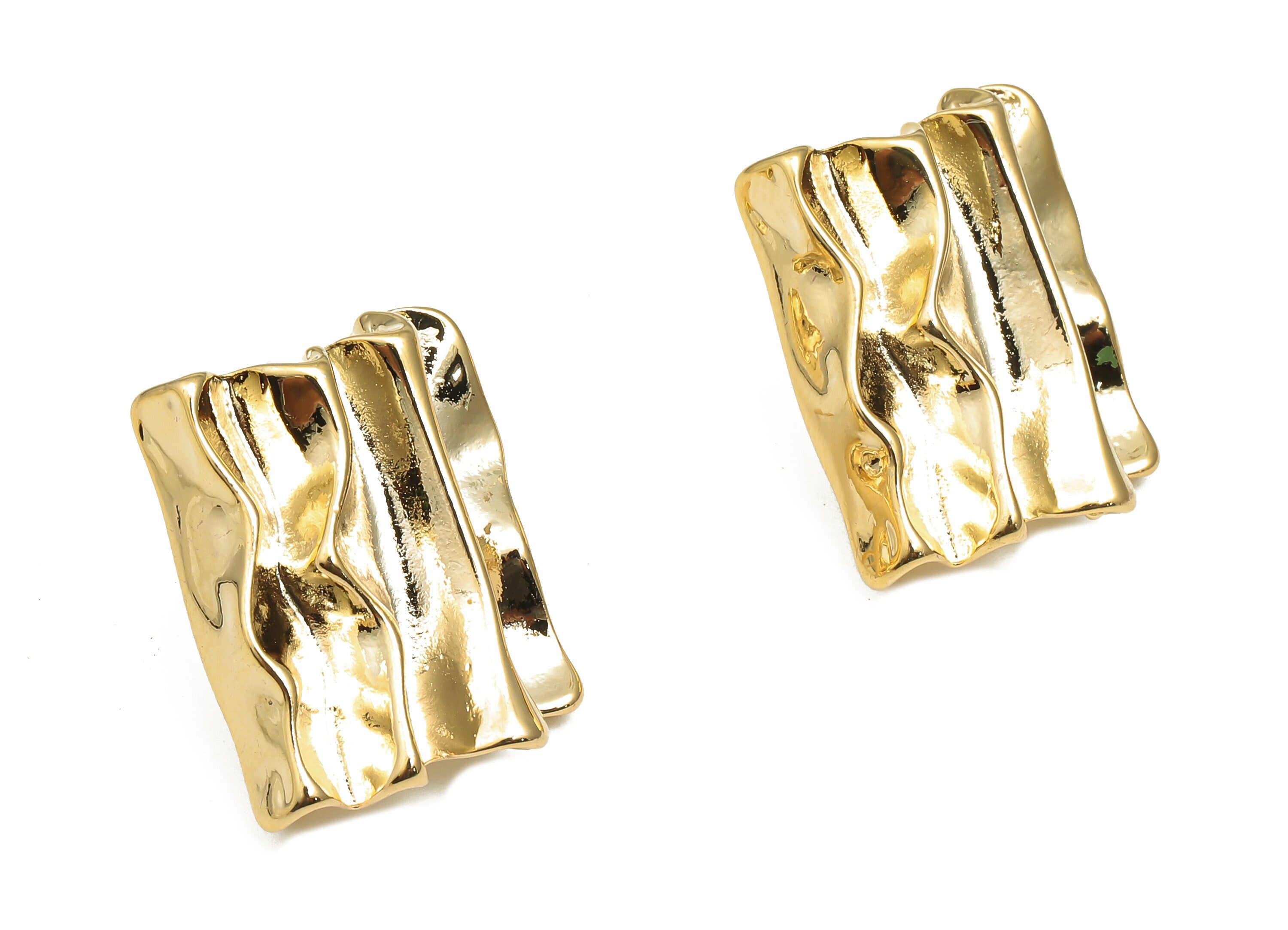 Brass Wave Stud Earring - Wavy Rectangle Post With Loop - Unique Abstract Crumpled Post - 18K Real Gold Plating - 22.5x18.6x1.4mm - RGP4673 - DOMEDBAZAAR