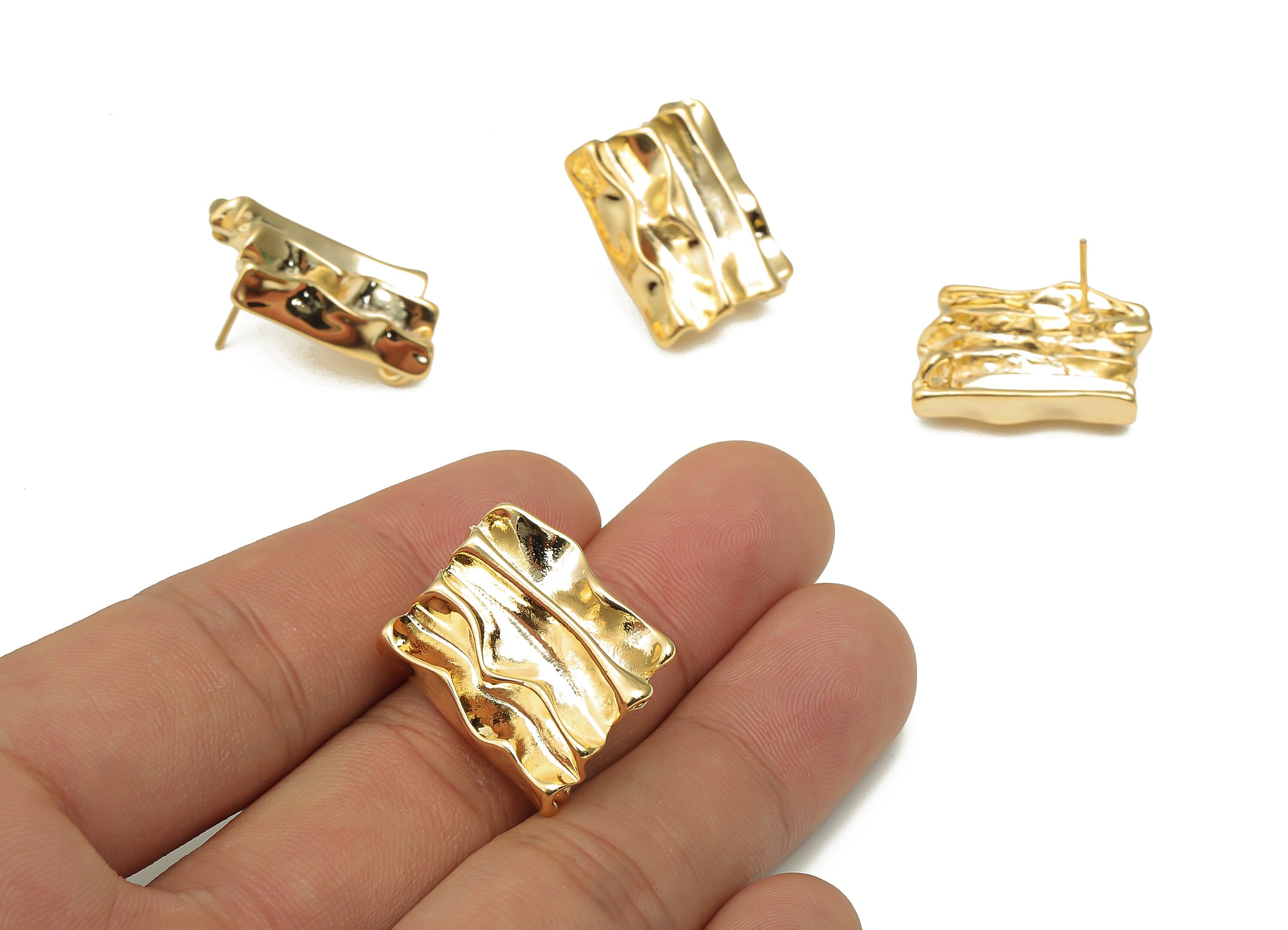 Brass Wave Stud Earring - Wavy Rectangle Post With Loop - Unique Abstract Crumpled Post - 18K Real Gold Plating - 22.5x18.6x1.4mm - RGP4673 - DOMEDBAZAAR