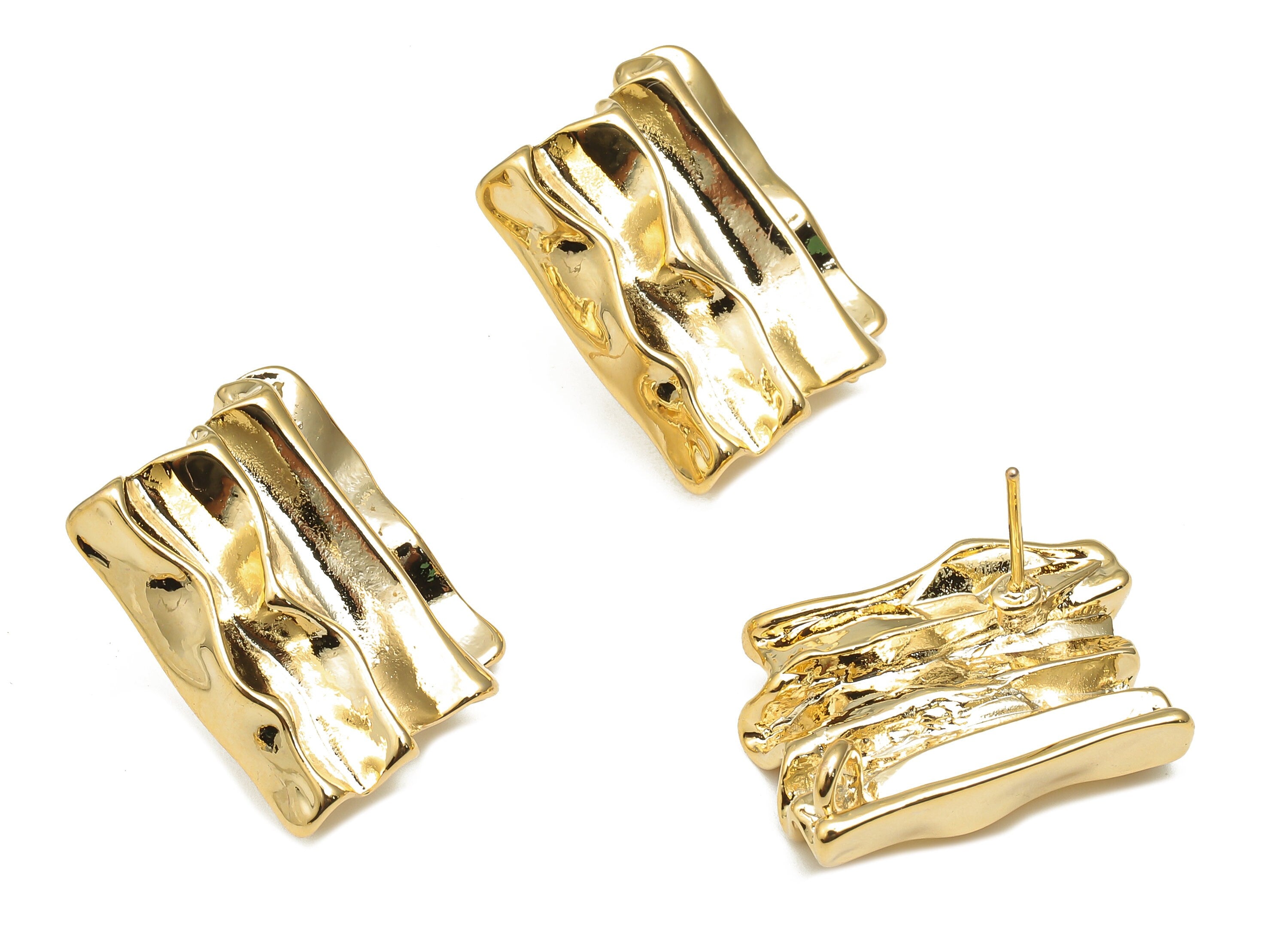 Brass Wave Stud Earring - Wavy Rectangle Post With Loop - Unique Abstract Crumpled Post - 18K Real Gold Plating - 22.5x18.6x1.4mm - RGP4673 - DOMEDBAZAAR