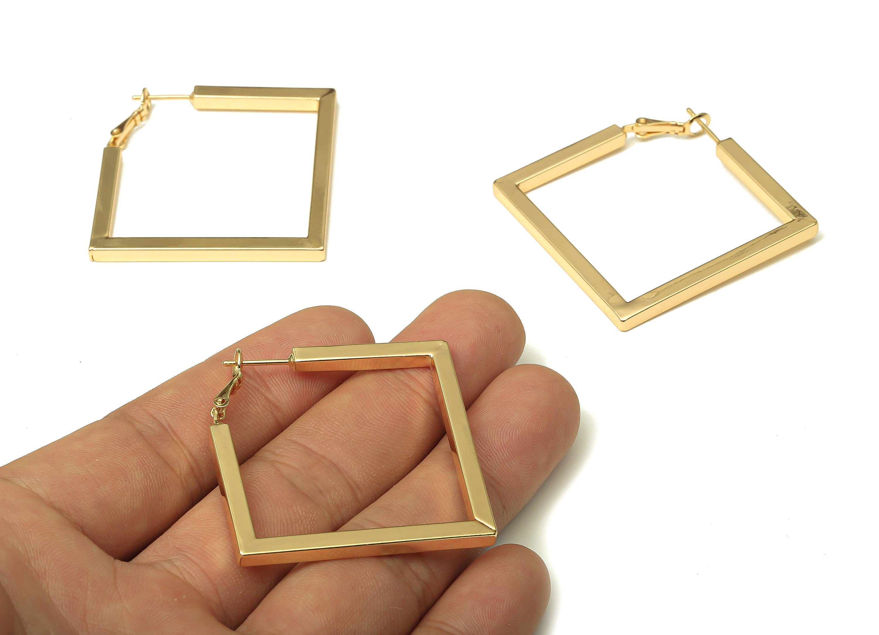 Brass Gold Square Earring Post - Geometric Minimalist Hoop Earrings - Stainless Steel Stud - 18K Real Gold Plating - 40.5x40x3.13mm -RGP5215 - DOMEDBAZAAR