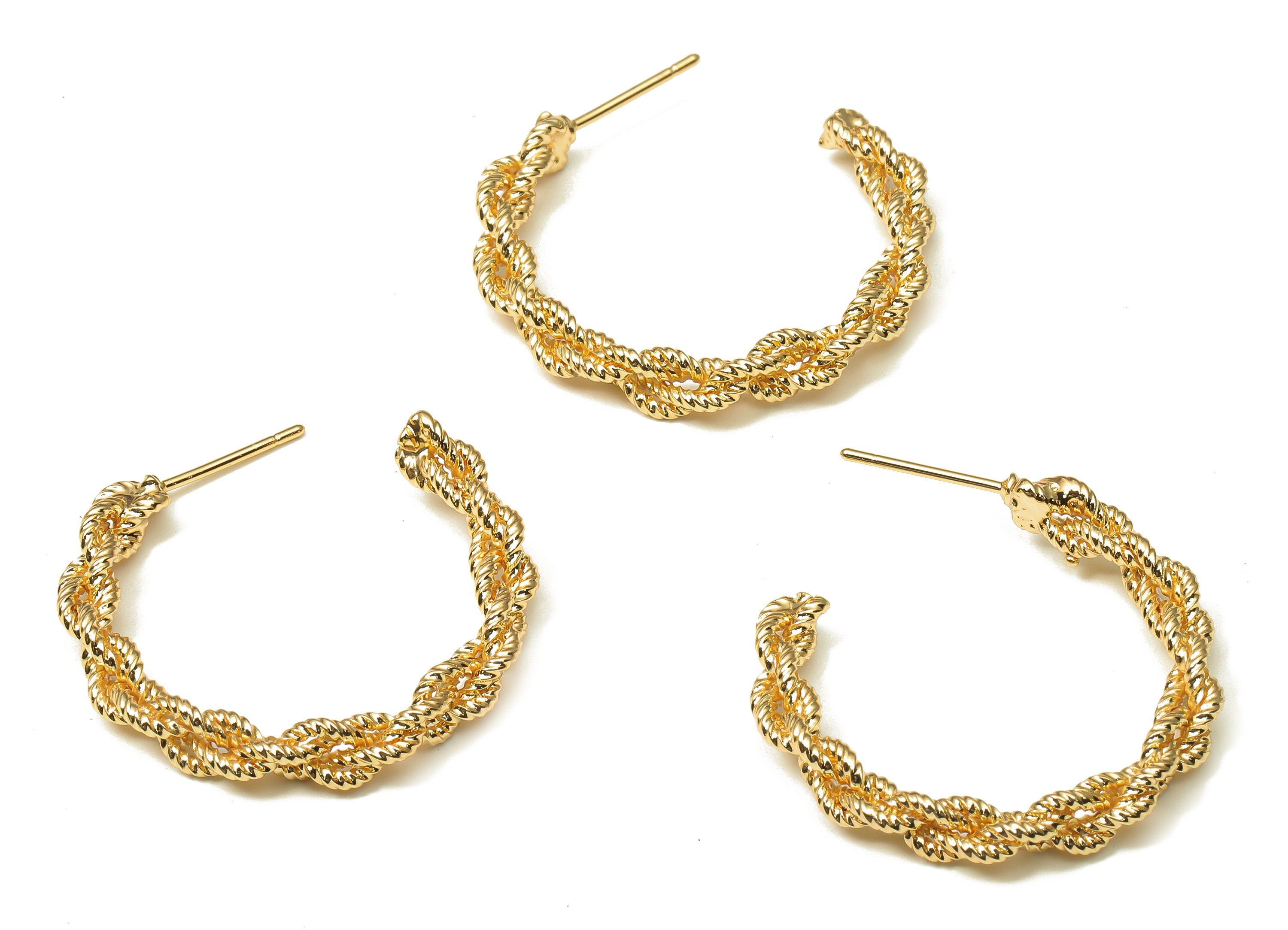 Brass Round Twisted Wire Earring - Gold Rope Open Hoop Earring Post - Stainless Steel Stud - 18K Real Gold Plating -29.1x25.6x4.1mm -RGP5217 - DOMEDBAZAAR