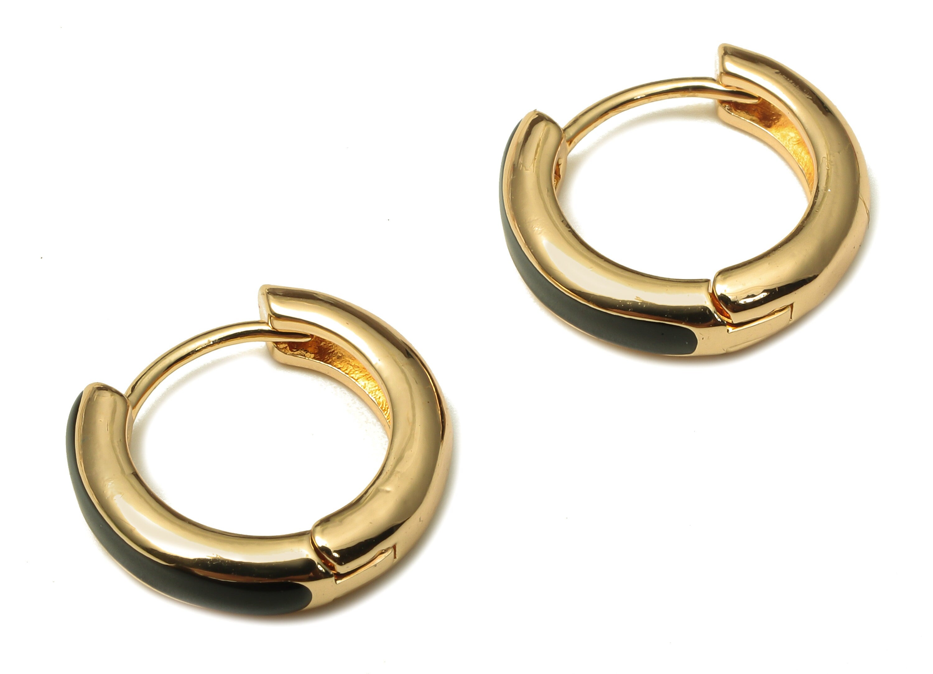 Brass Enamel Round Hoop Earring Clasp - Circle Small Black Enamel Huggie Hoop Earring - 18K Real Gold Plating - 14.17X13.1X3.3mm - RGP5218B - DOMEDBAZAAR