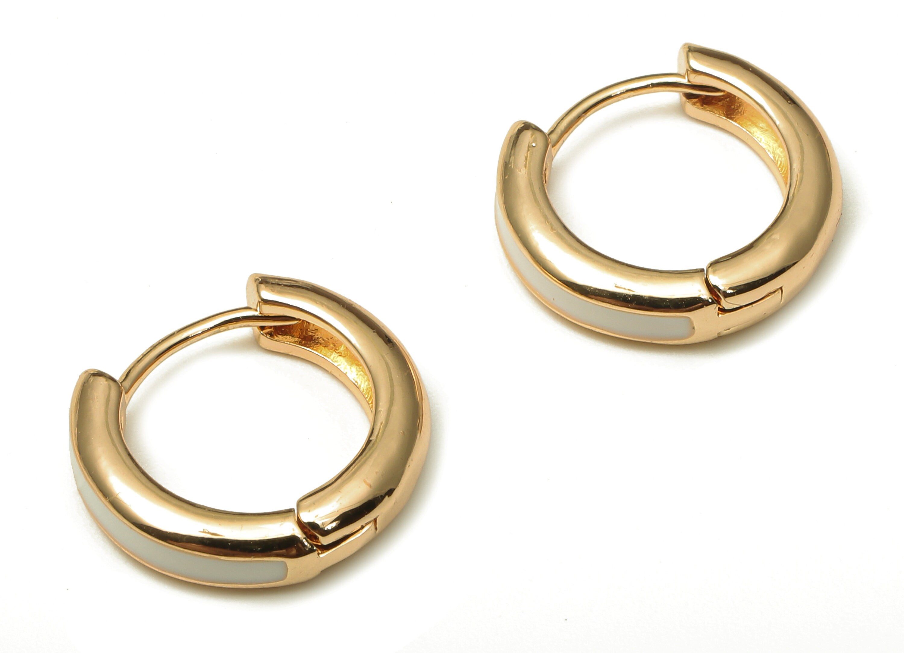 Brass Enamel Round Hoop Earring Clasp - Small Circle White Enamel Huggie Hoop Earring - 18K Real Gold Plating - 13.93x13.23x3.3mm - RGP5218W - DOMEDBAZAAR
