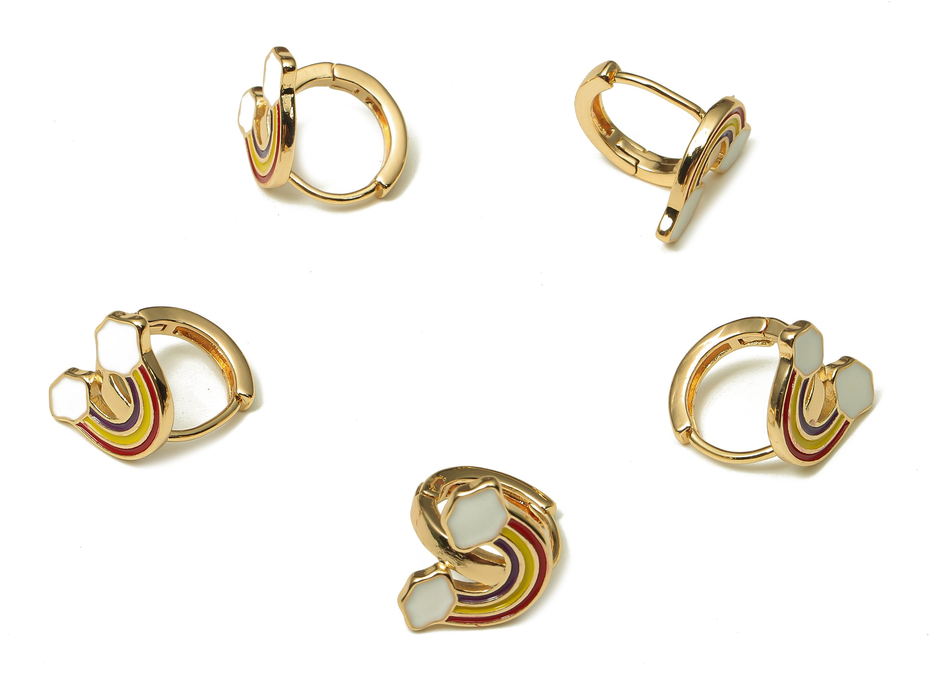 Brass Round Gold Rainbow Earring Hoops - Circle Enamel Rainbow Clouds Arch Earring Clasp - 18K Real Gold Plating - 14.4x11.6x2.2mm - RGP5220 - DOMEDBAZAAR
