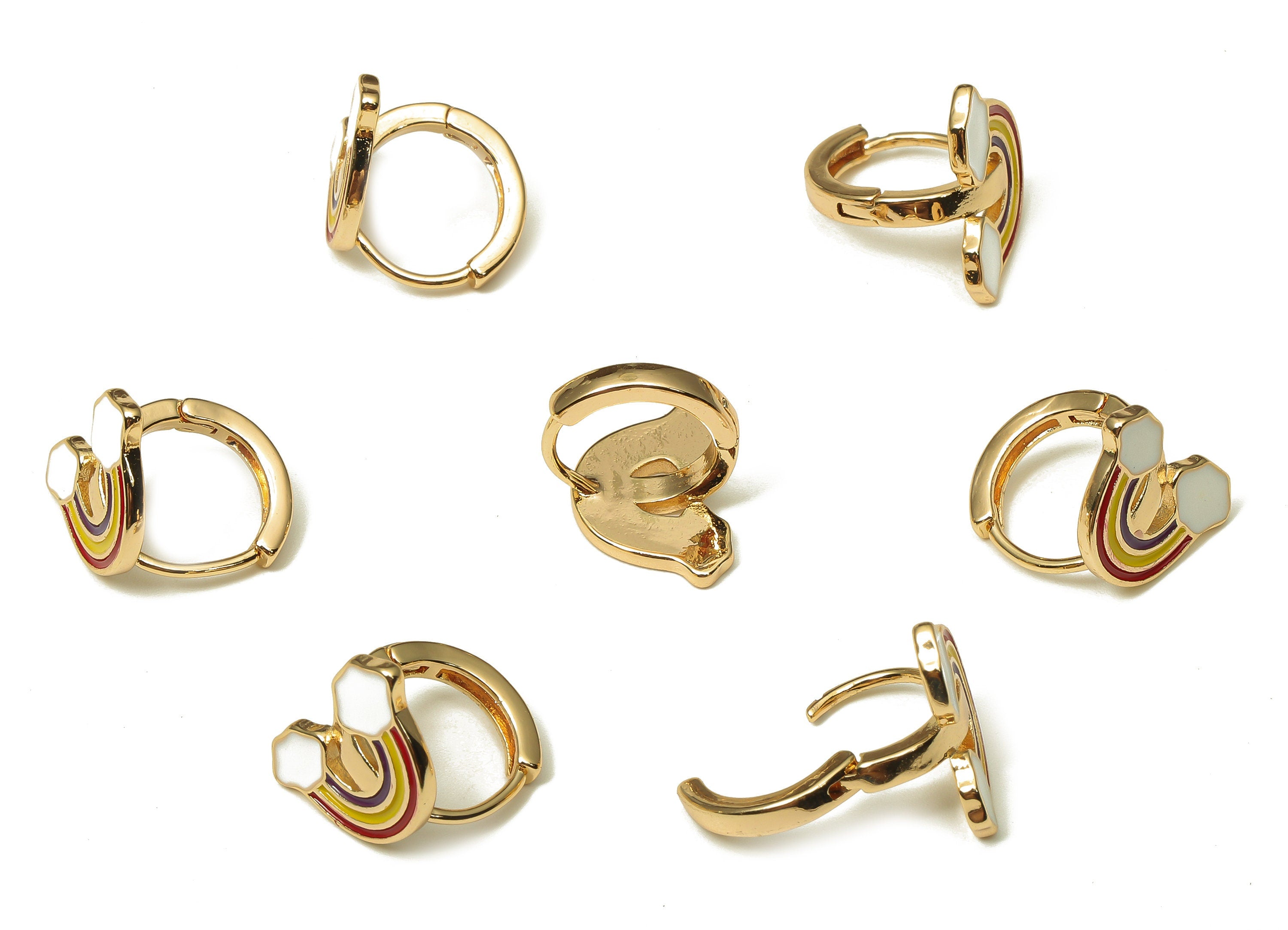 Brass Round Gold Rainbow Earring Hoops - Circle Enamel Rainbow Clouds Arch Earring Clasp - 18K Real Gold Plating - 14.4x11.6x2.2mm - RGP5220 - DOMEDBAZAAR