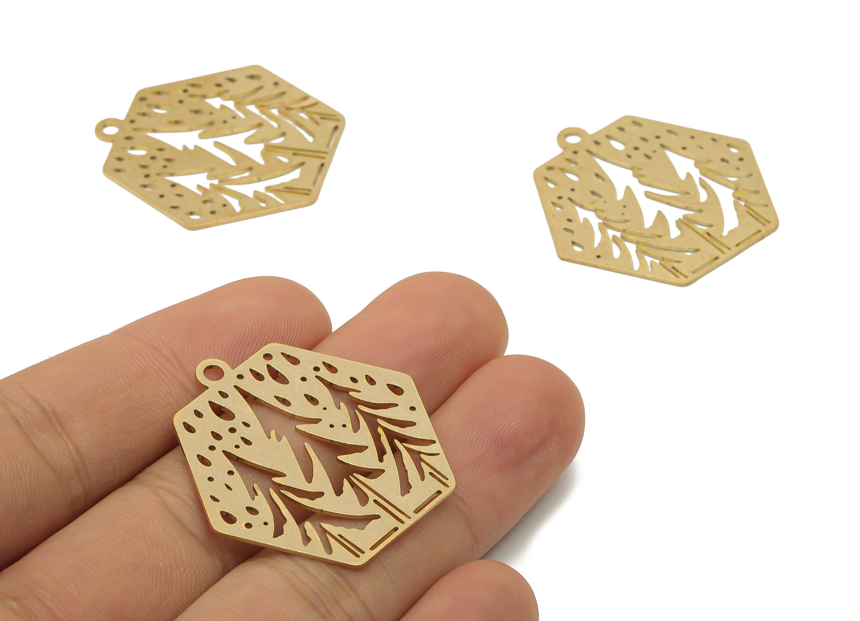 Brass Hexagon Forest Charms - Raw Brass Hexagon Winter Tree Cutout Earrings Charms - Laser Cut Charms - 34.84x34.06x0.64mm - PPA4452 - DOMEDBAZAAR