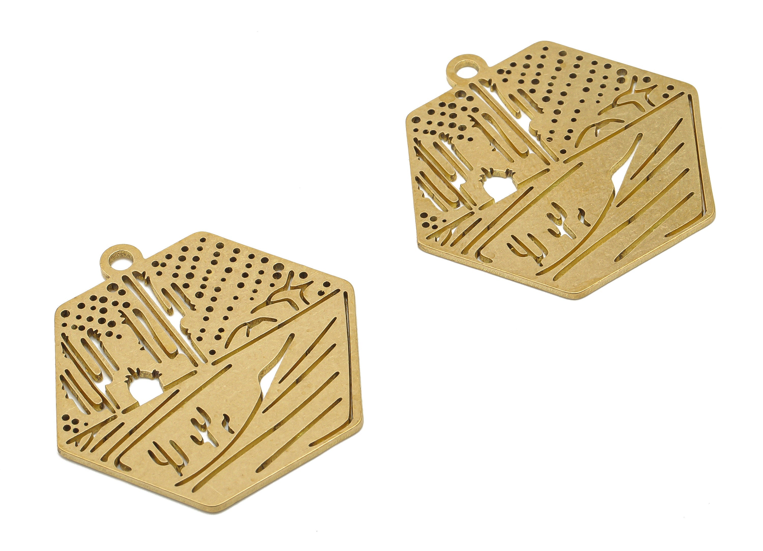 Brass Hexagon Desert Charms - Raw Brass Hexagon Cactus Cutout Earrings Charms - Laser Cut Charms - 31.76x31.07x0.78mm - PPA4454 - DOMEDBAZAAR