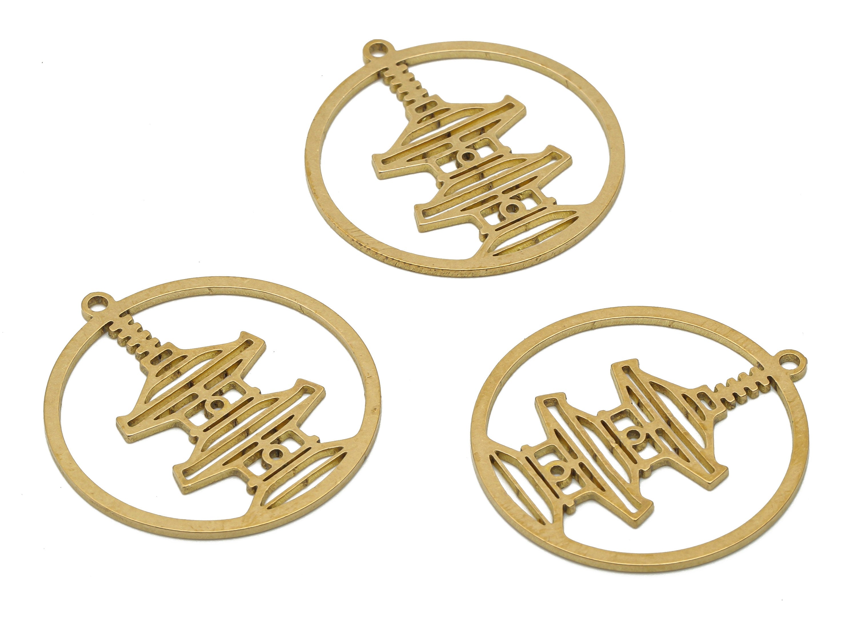 Brass Round Charm - Raw Brass Chinese Temple Cutout Earring Charm - Laser Cut Pendant - Jewelry Making Supplies - 29.8x27.51x0.84mm- PPA4463 - DOMEDBAZAAR