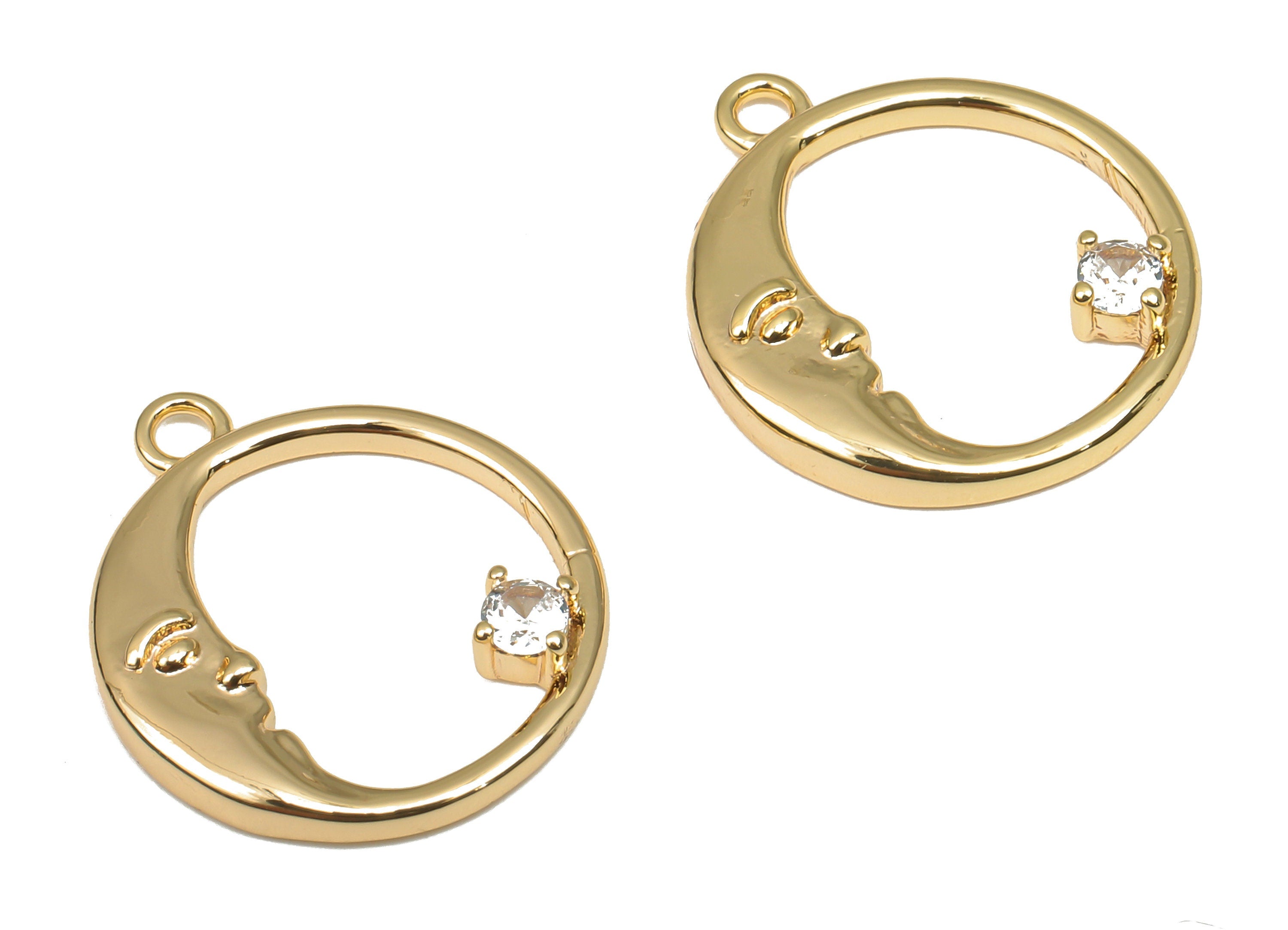 Brass Crescent Round Earring Charm - CZ Paved The Moon Hoop Earring With Zircon - 18k Real Gold Plated Brass - 17.46x14.86x2.38mm - RGP4690 - DOMEDBAZAAR
