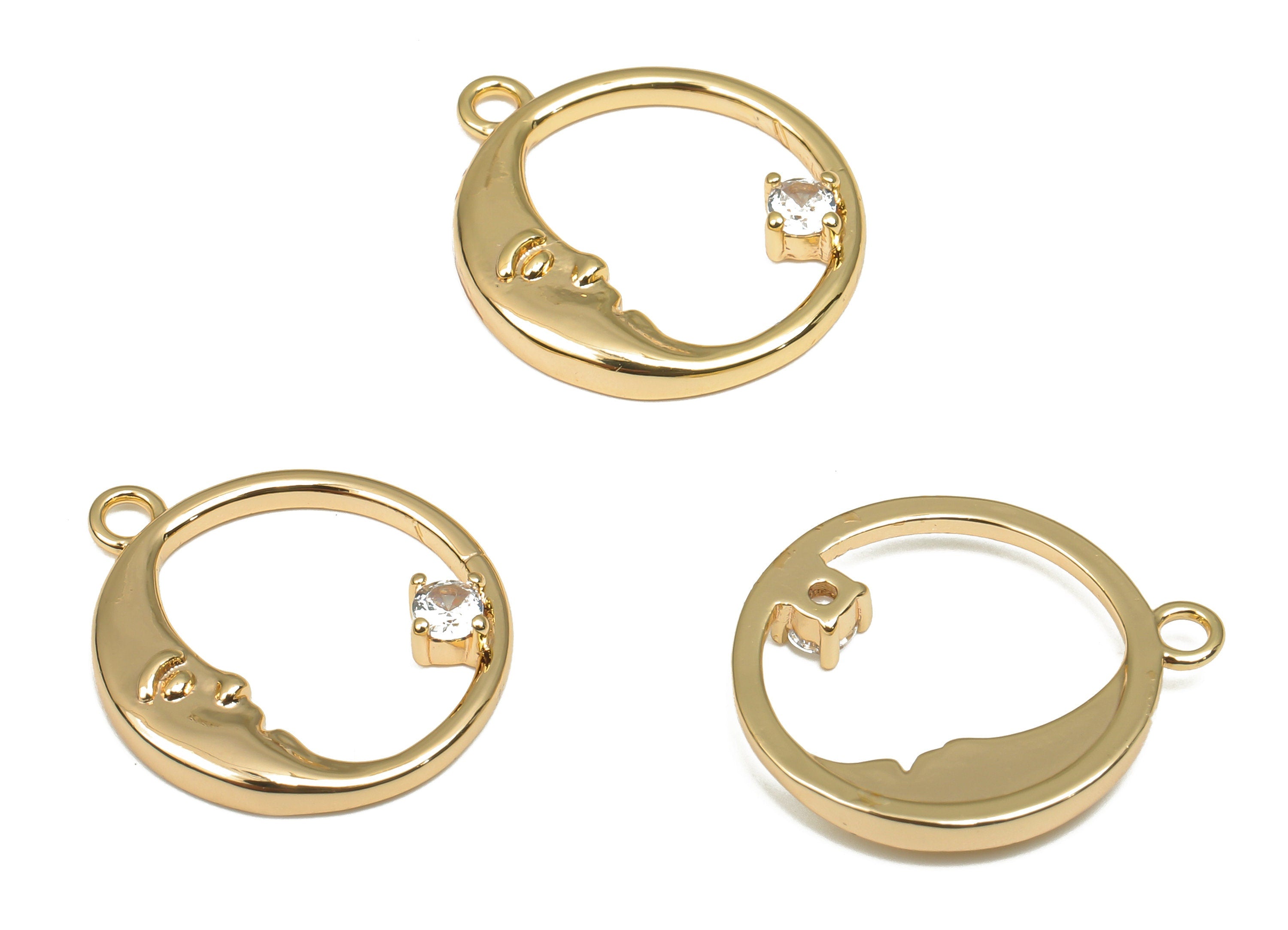 Brass Crescent Round Earring Charm - CZ Paved The Moon Hoop Earring With Zircon - 18k Real Gold Plated Brass - 17.46x14.86x2.38mm - RGP4690 - DOMEDBAZAAR