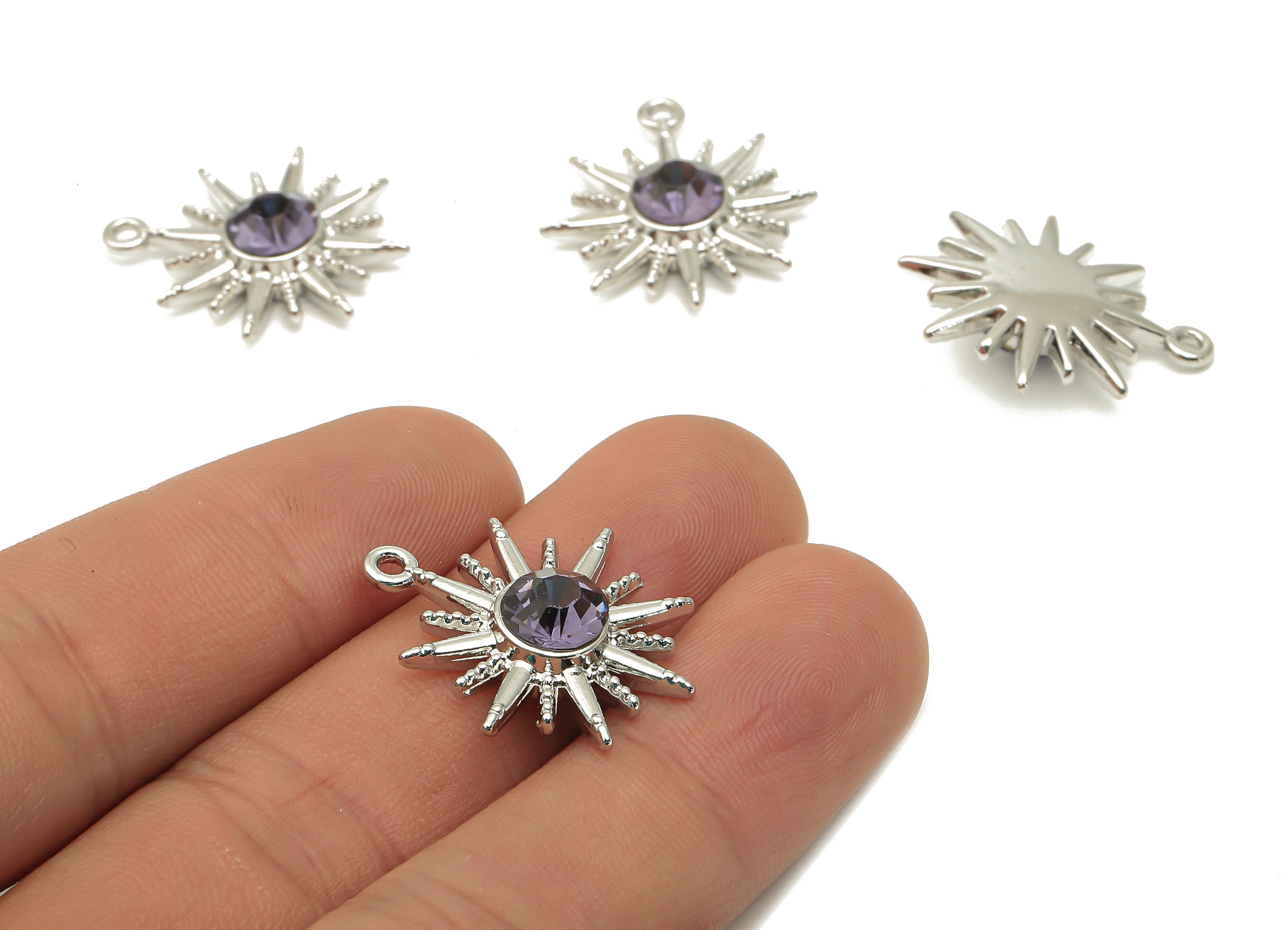 Alloy Sunburst Charm - Zinc Alloy Sun Earring Charm - Glass Charm - Silver Tone Plated Alloy - Jewelry Supplies -25.06x21.94x5.98mm- ZZ2016S - DOMEDBAZAAR