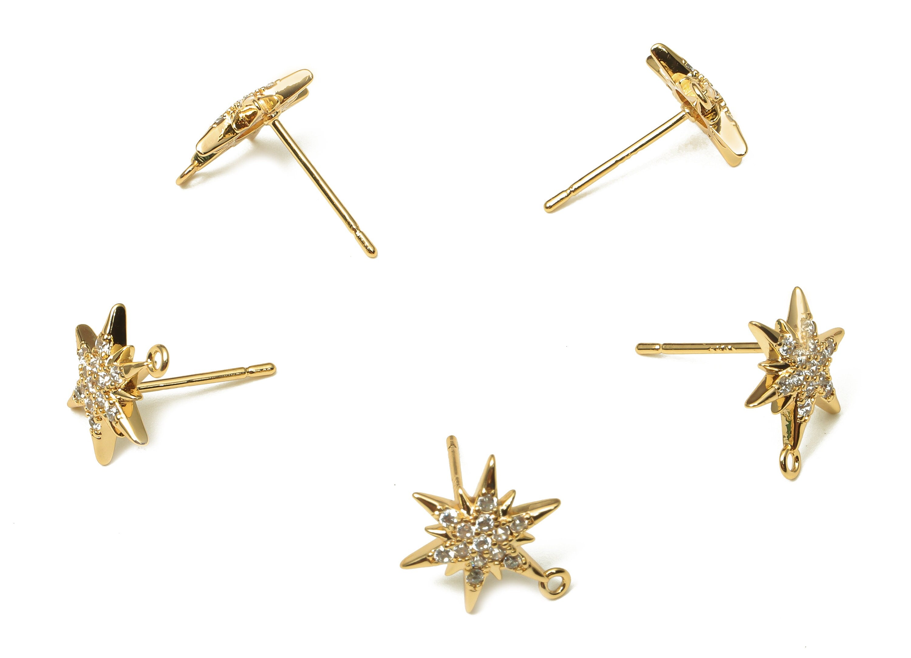 Brass Hexagram North Star Earring Post - Zircon Star Earring With Loop - 316 Stainless Steel - 18K Real Gold Plating -12.6x9.7x2.3mm-RGP5226 - DOMEDBAZAAR