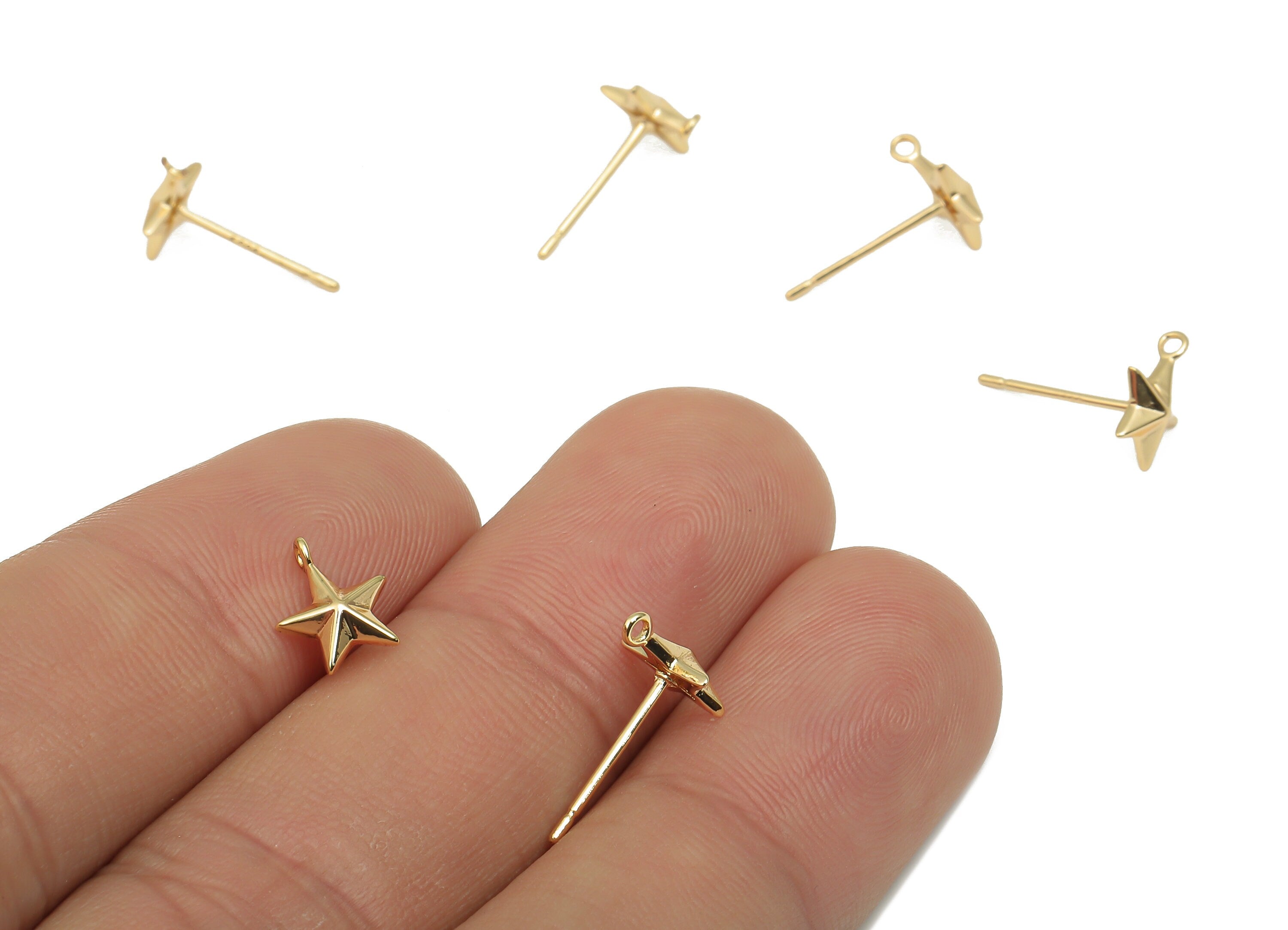 Brass Mini Star Stud Earrings with Loop - Gold Mini Star Earring Post - 18K Real Gold Plated Brass Studs - 9.02x7.3x2.5mm - RGP4709 - DOMEDBAZAAR
