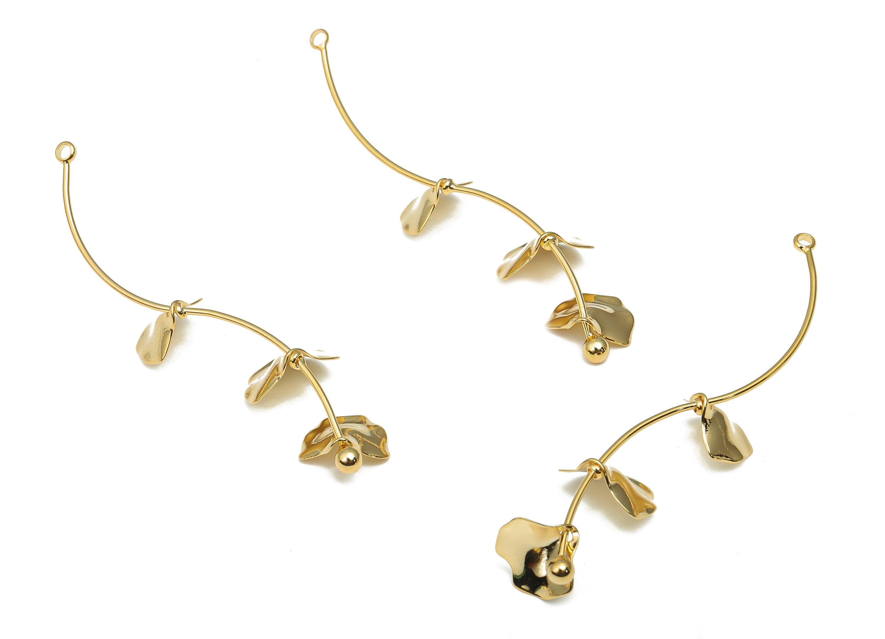 Brass Flower Earrings Charm - Gold plated Branch Wired leaf - Ear Wire - 18K Real Gold Tone Plated Brass - 54.74x9.68x0.8mm - RGP4716 - DOMEDBAZAAR