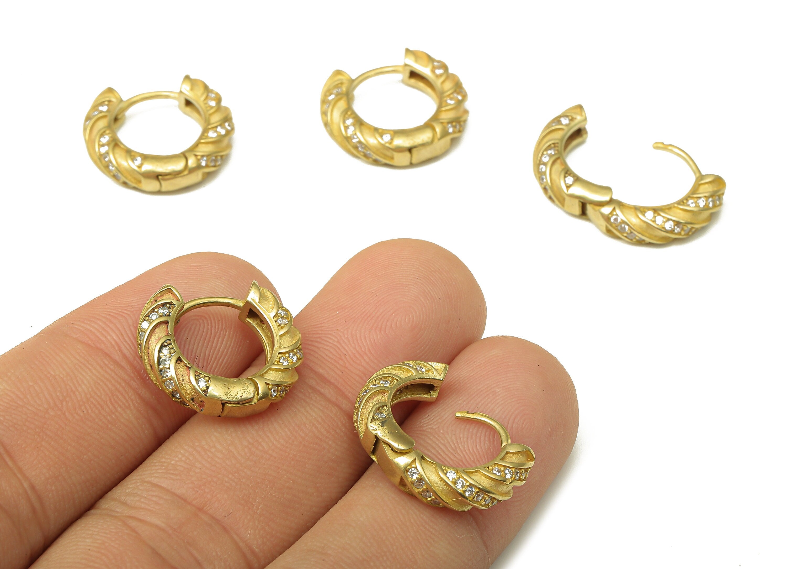 Brass Round Earring Clasp - Raw Brass Huggie Thick Hoop with Zircon - Brass Spiral Hoop Earrings - 17.36x16.05x4.3mm - PP7895 - DOMEDBAZAAR