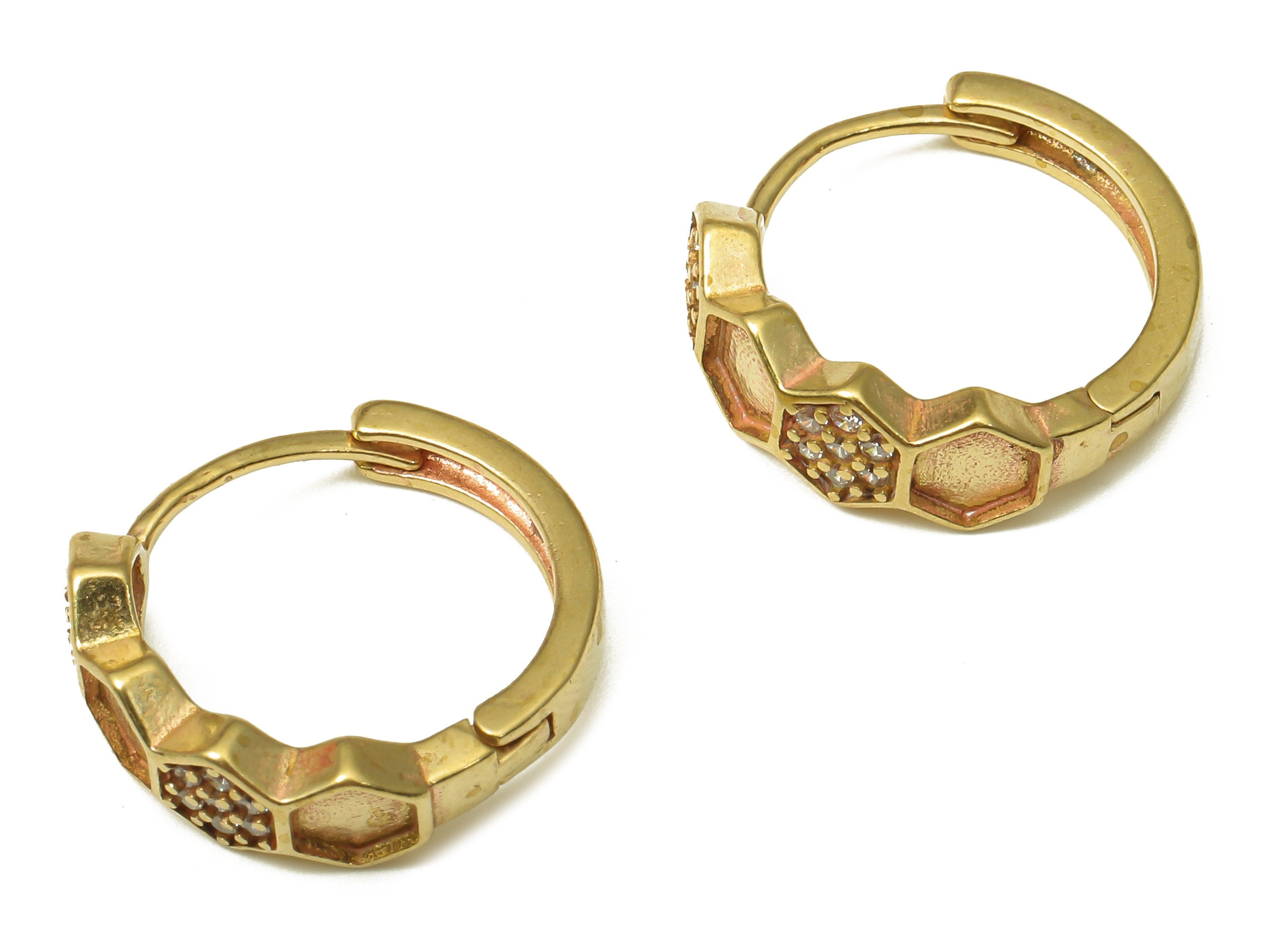Brass Round Comb Earring Clasp - Raw Brass Hexagon Huggie Thick Hoop with Zircon - Circle Honeycomb Earrings - 16.93x16.2x2.62mm - PP7899 - DOMEDBAZAAR