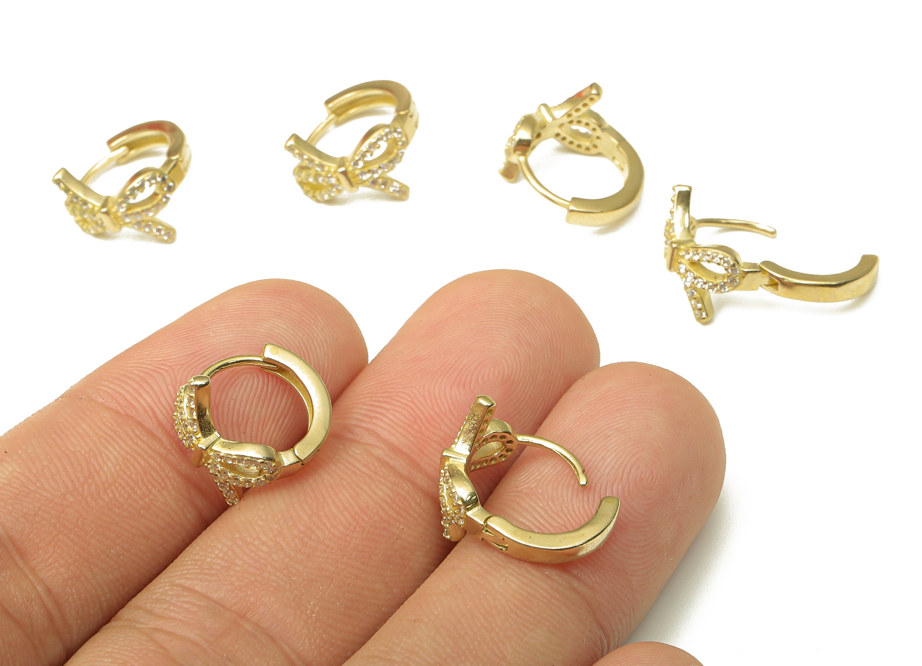 Brass Round Bowtie  Earring Clasp - Raw Brass Huggie Thick Hoop with Zircon - Brass Circle Hoop Earrings - 14.03x13.4x2.11mm - PP7905 - DOMEDBAZAAR