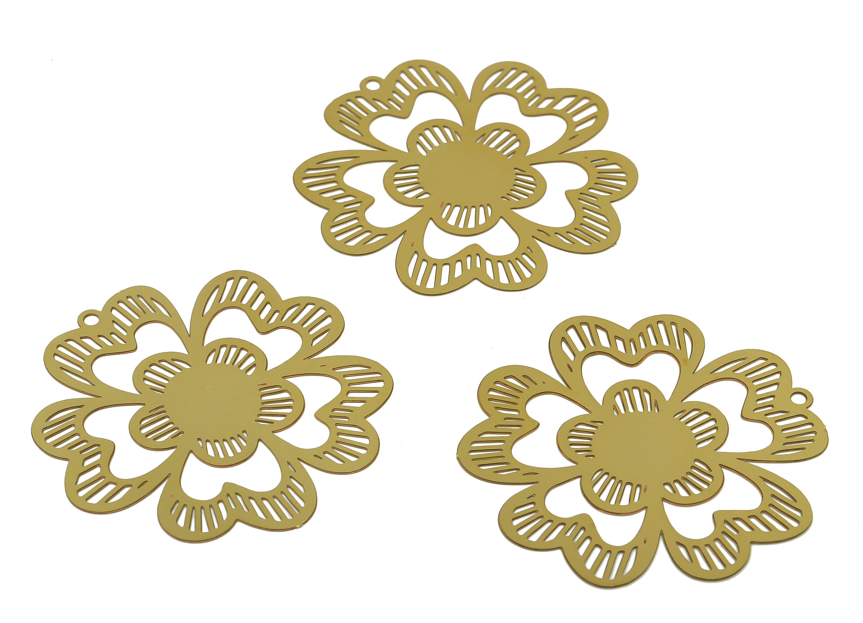 Brass Flower Earrings Charm - Raw Brass Filigree Flowers Pendant - Earring Findings - Jewelry Supplies - 38.04x37.76x0.27mm - JJB7088 - DOMEDBAZAAR