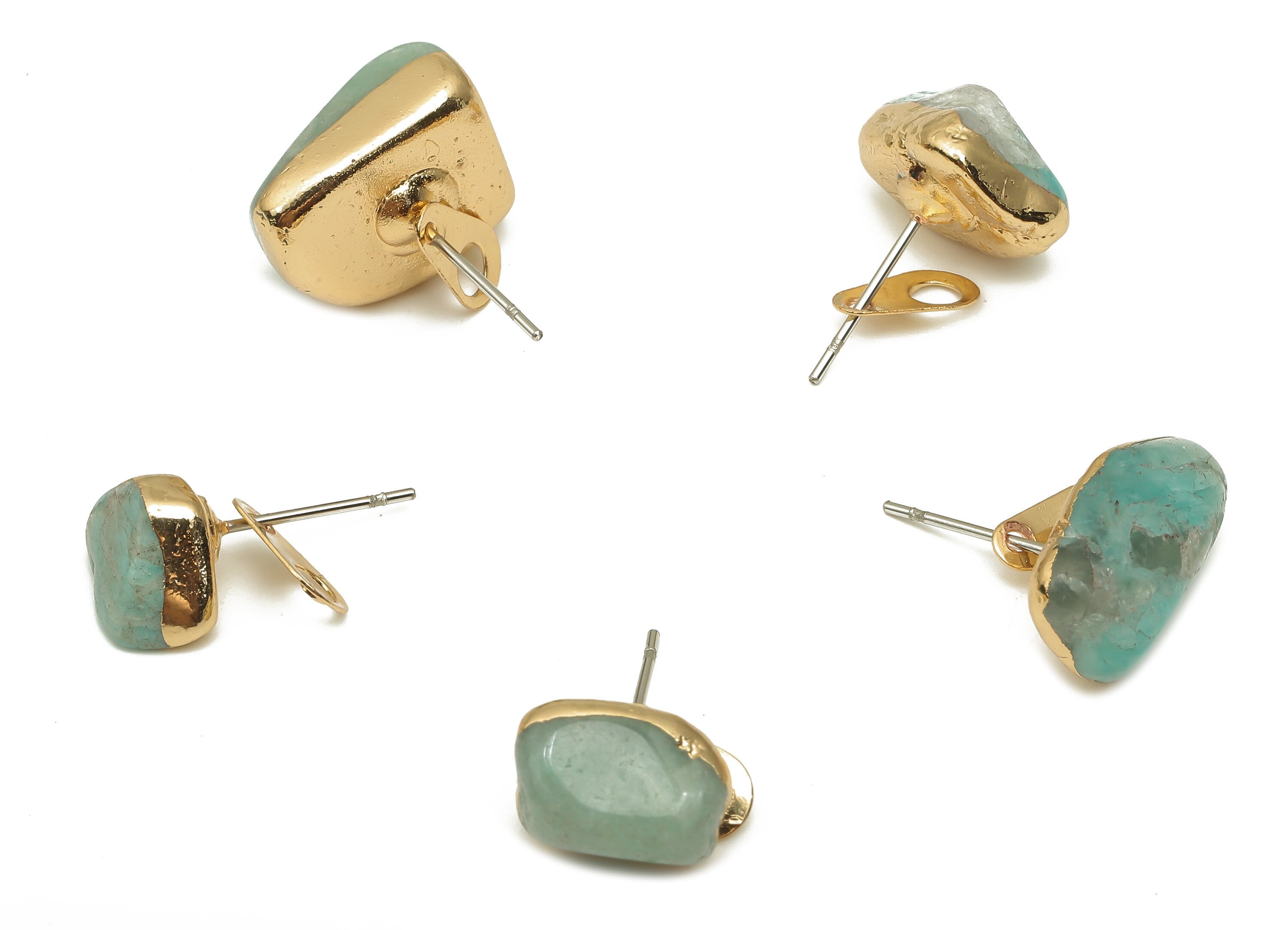Crystal Chips Stud Earrings - Amazonite Earring With Loop - Gold Plating Natural Stone - 316 Surgical Stainless Steel-11.9x7.9x8.5mm-NS1762X - DOMEDBAZAAR