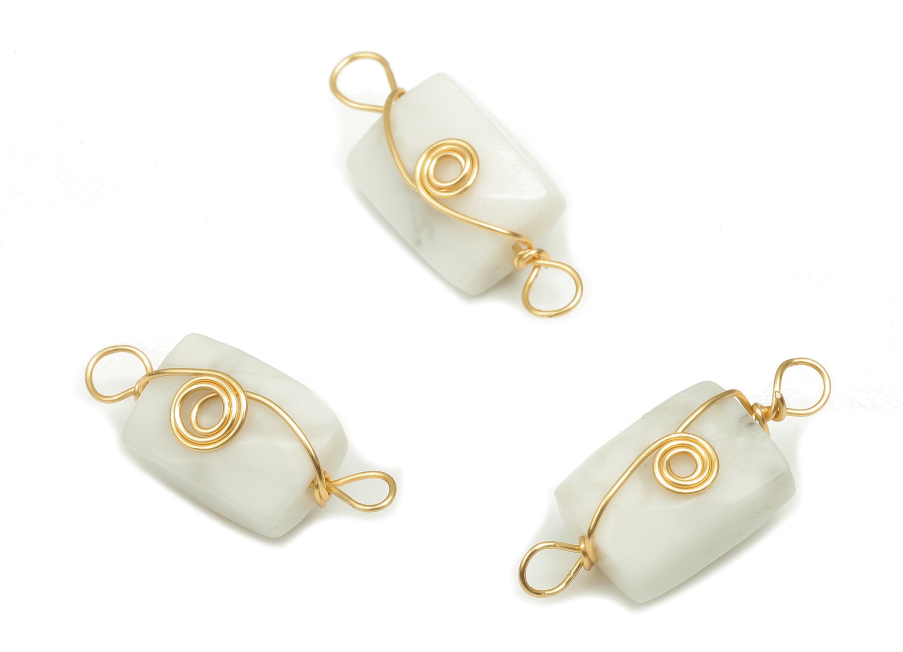 Howlite Earring Connector - Brass Wire Wrapped Rectangle Pendant - Faceted Natural Stone - Gold Tone Plating - 19.85x7.44x7.01mm - NS1863A - DOMEDBAZAAR