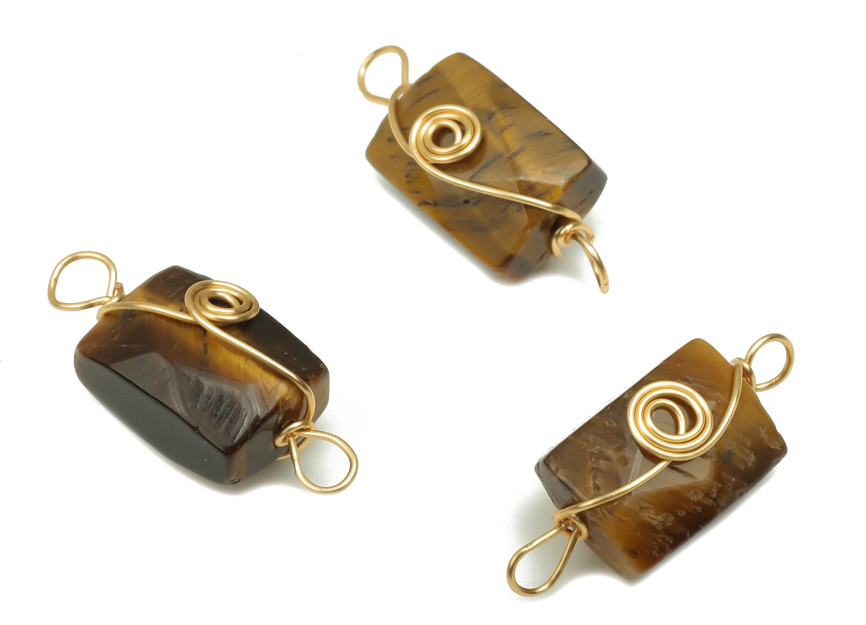 Tiger Eye Earring Connector - Brass Wire Wrapped Rectangle Pendant -  Faceted Natural Stone - Gold Tone Plating - 19.85x7.4x7.01mm - NS1863B - DOMEDBAZAAR