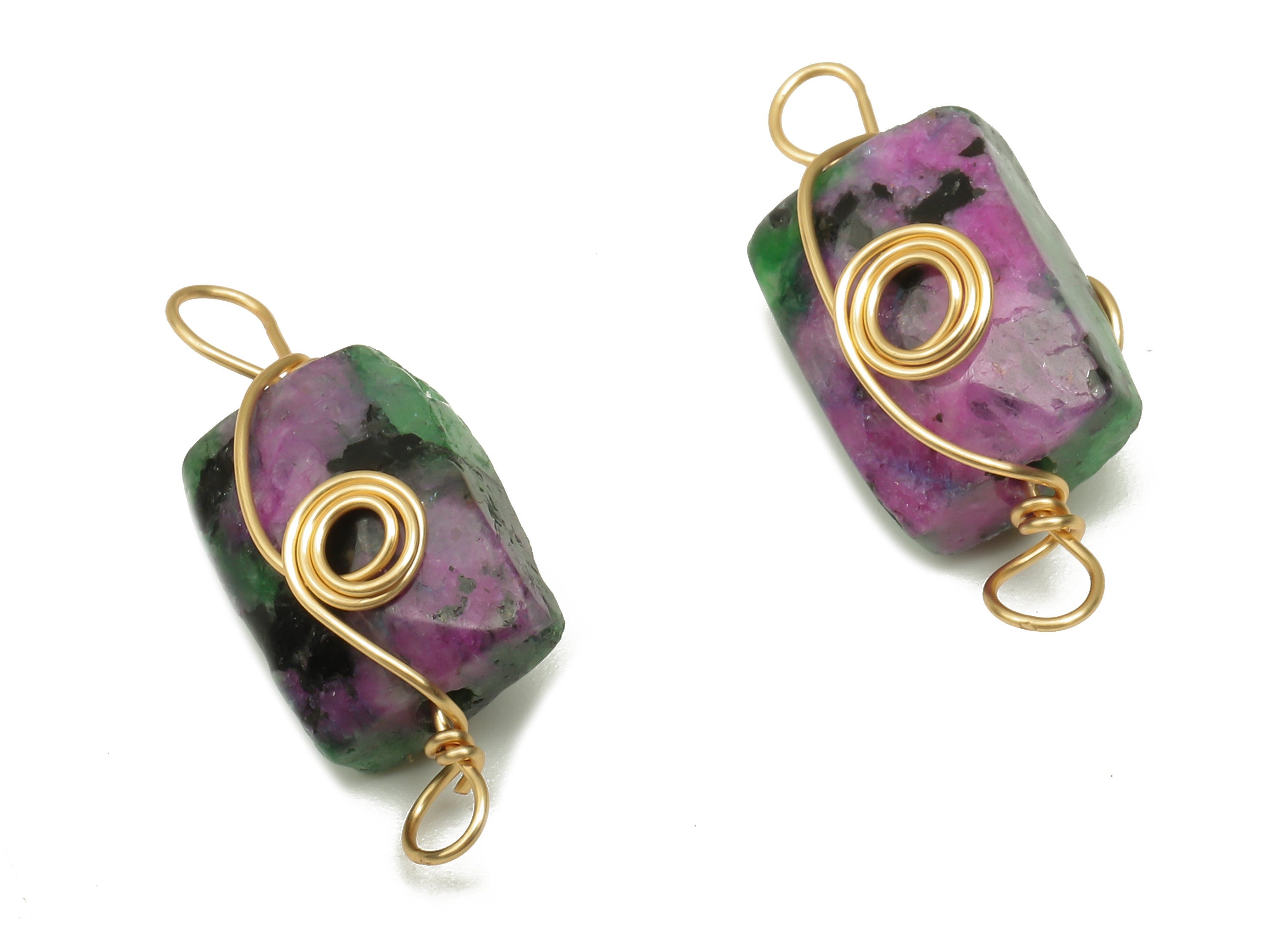 Ruby Zoisite Earring Connector - Brass Wire Wrapped Rectangle Pendant - Faceted Natural Stone - Gold Tone Plating - 19.9x7.4x7mm - NS1863H - DOMEDBAZAAR