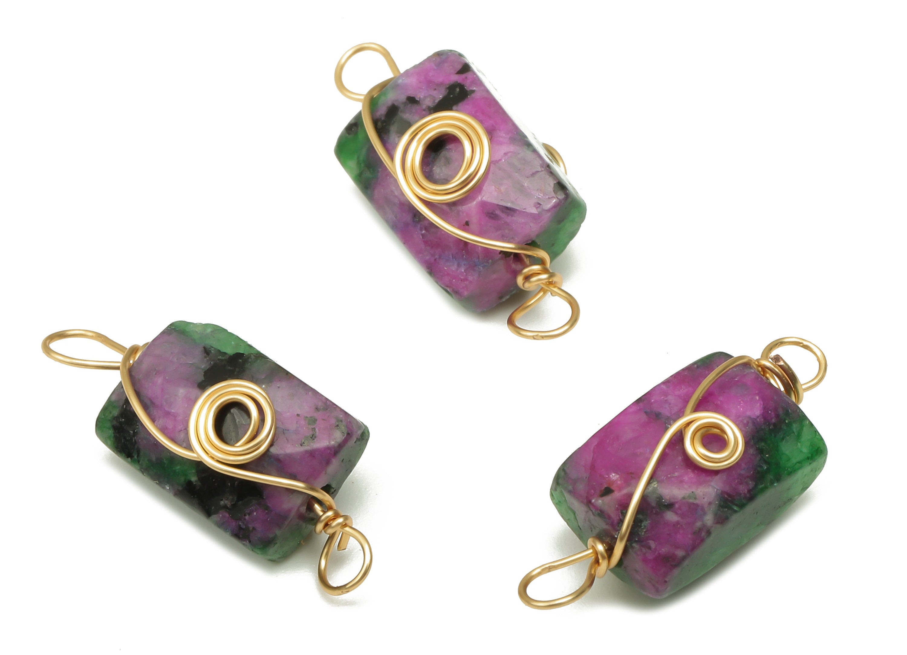 Ruby Zoisite Earring Connector - Brass Wire Wrapped Rectangle Pendant - Faceted Natural Stone - Gold Tone Plating - 19.9x7.4x7mm - NS1863H - DOMEDBAZAAR