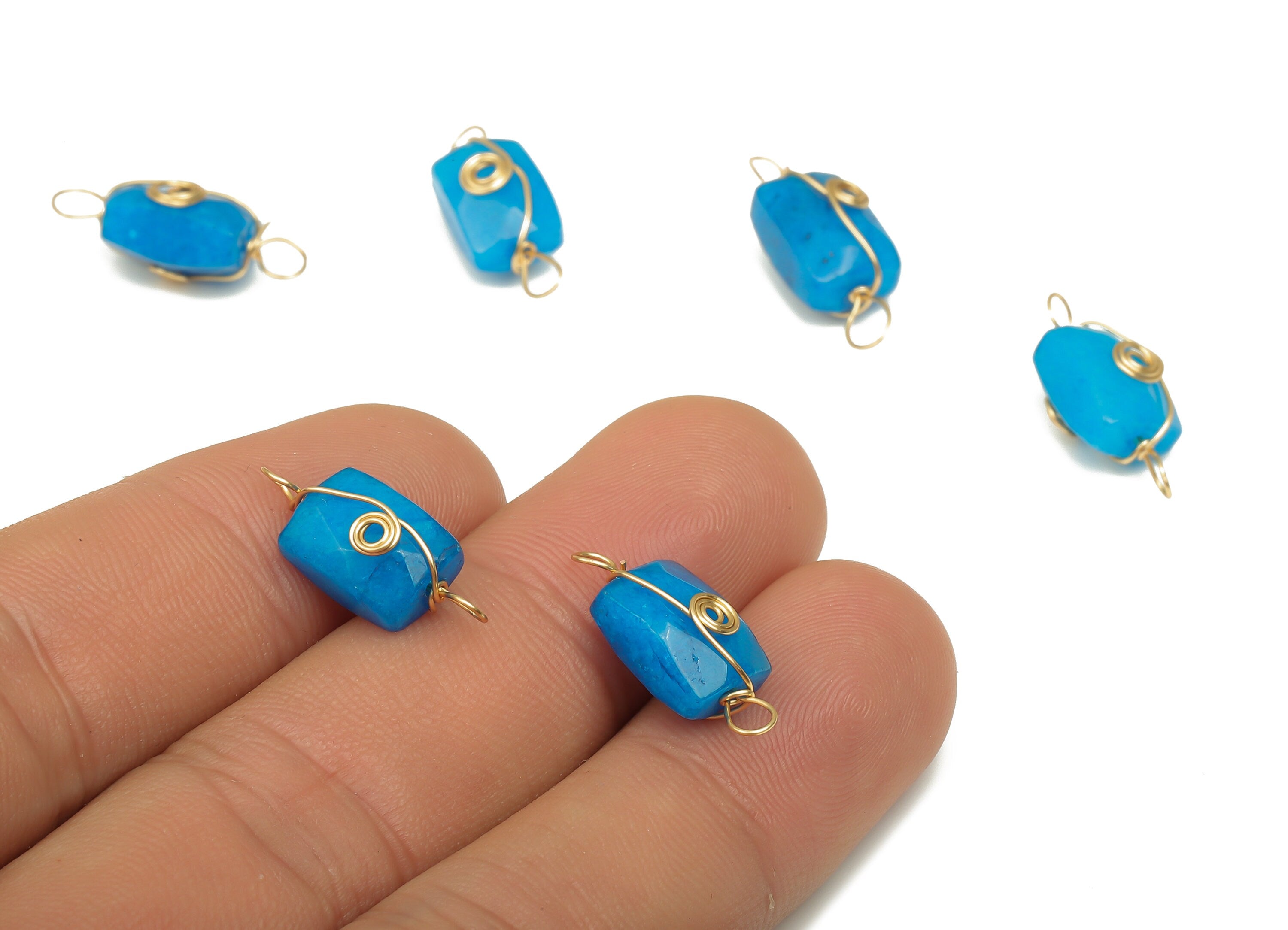 Blue Jade Earring Connector - Brass Wire Wrapped Rectangle Pendant - Faceted Natural Stone - Gold Tone Plating - 19.85x7.44x7.01mm - NS1863K - DOMEDBAZAAR
