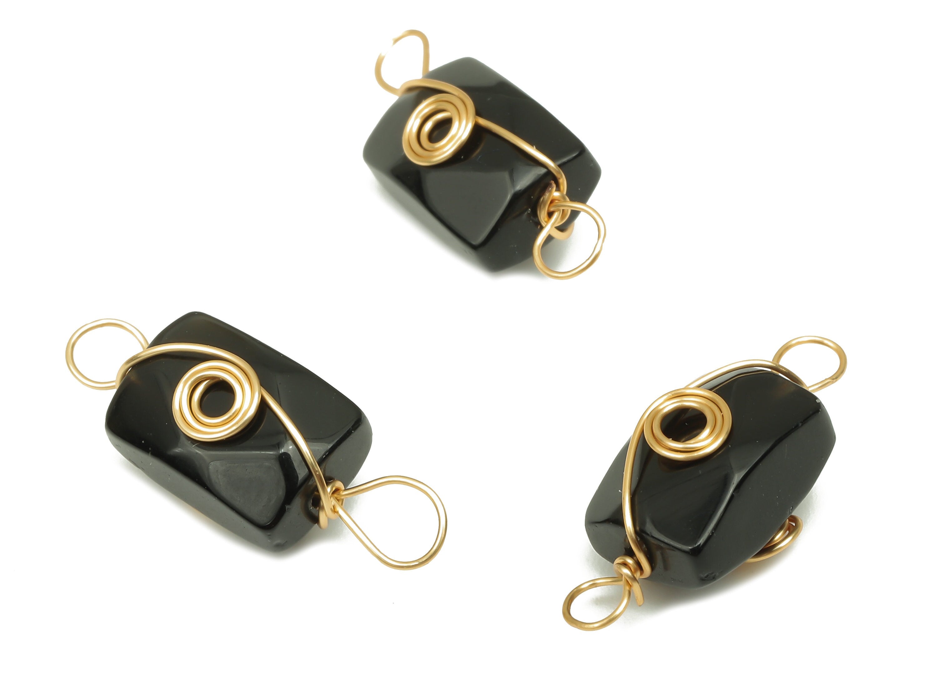 Obsidian Earring Connector - Brass Wire Wrapped Rectangle Pendant - Faceted Natural Stone - Gold Tone Plating - 19.85x7.44x7.01mm - NS1863N - DOMEDBAZAAR