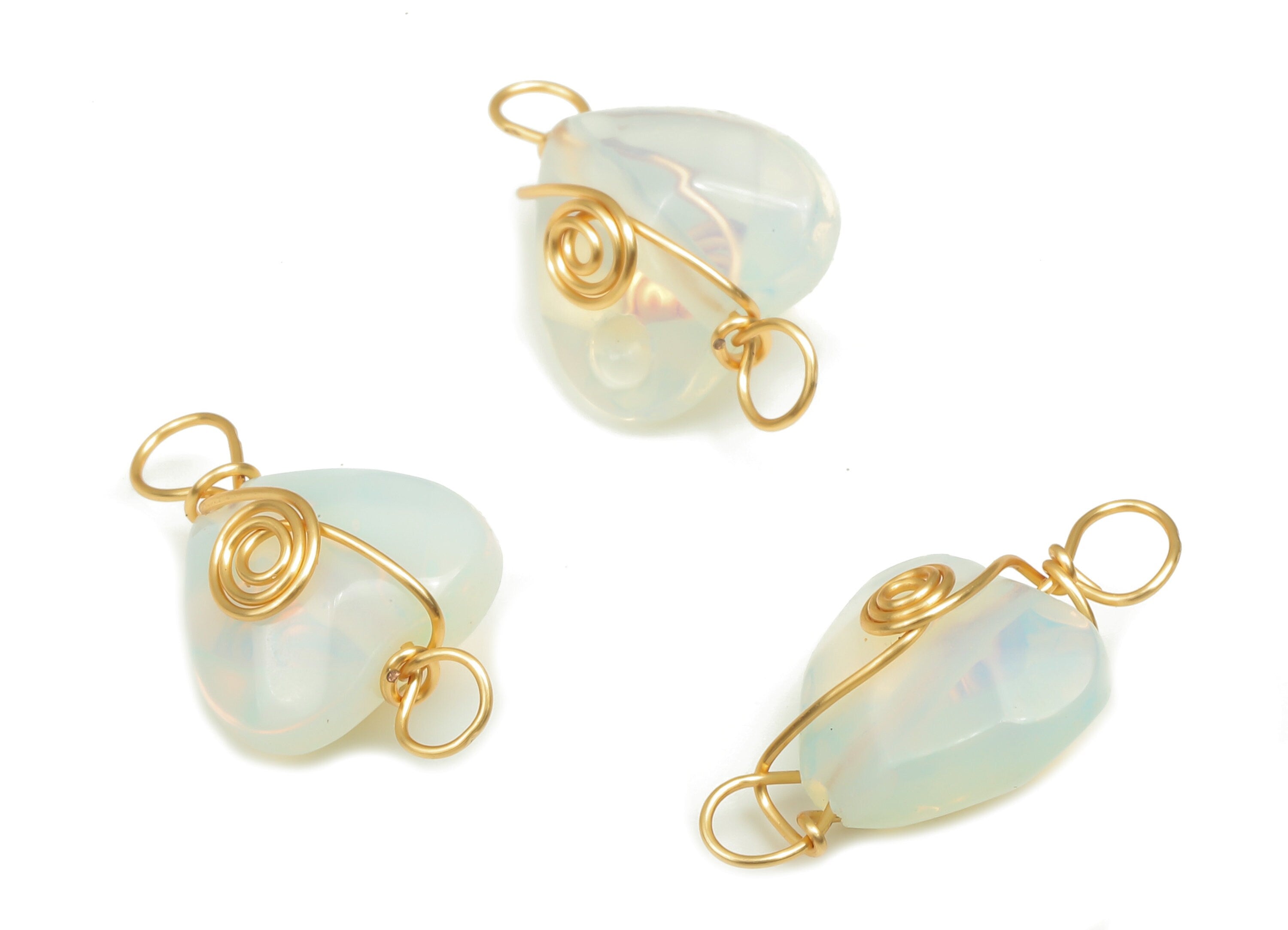 Opal Heart Earring Connector - Brass Wire Wrapped Heart Pendant - Faceted Natural Stone - Gold Tone Plating - 17.22x10.38x6.1mm - NS1864A - DOMEDBAZAAR